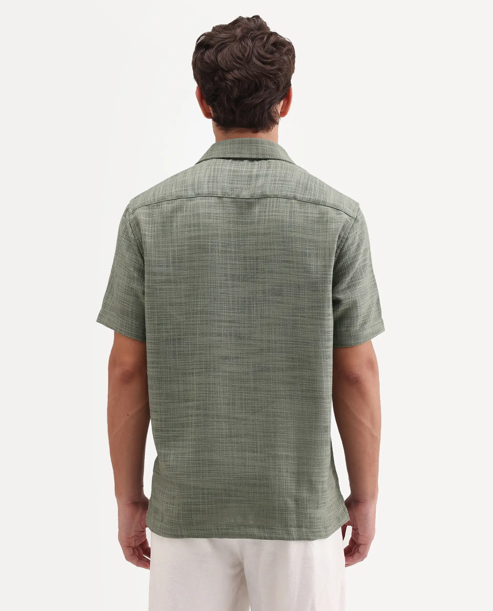Rare Rabbit Men's Tilo Olive Polyester Fabric Half Sleeve Spread Collar Regular Fit Textured Shirt - Image 8