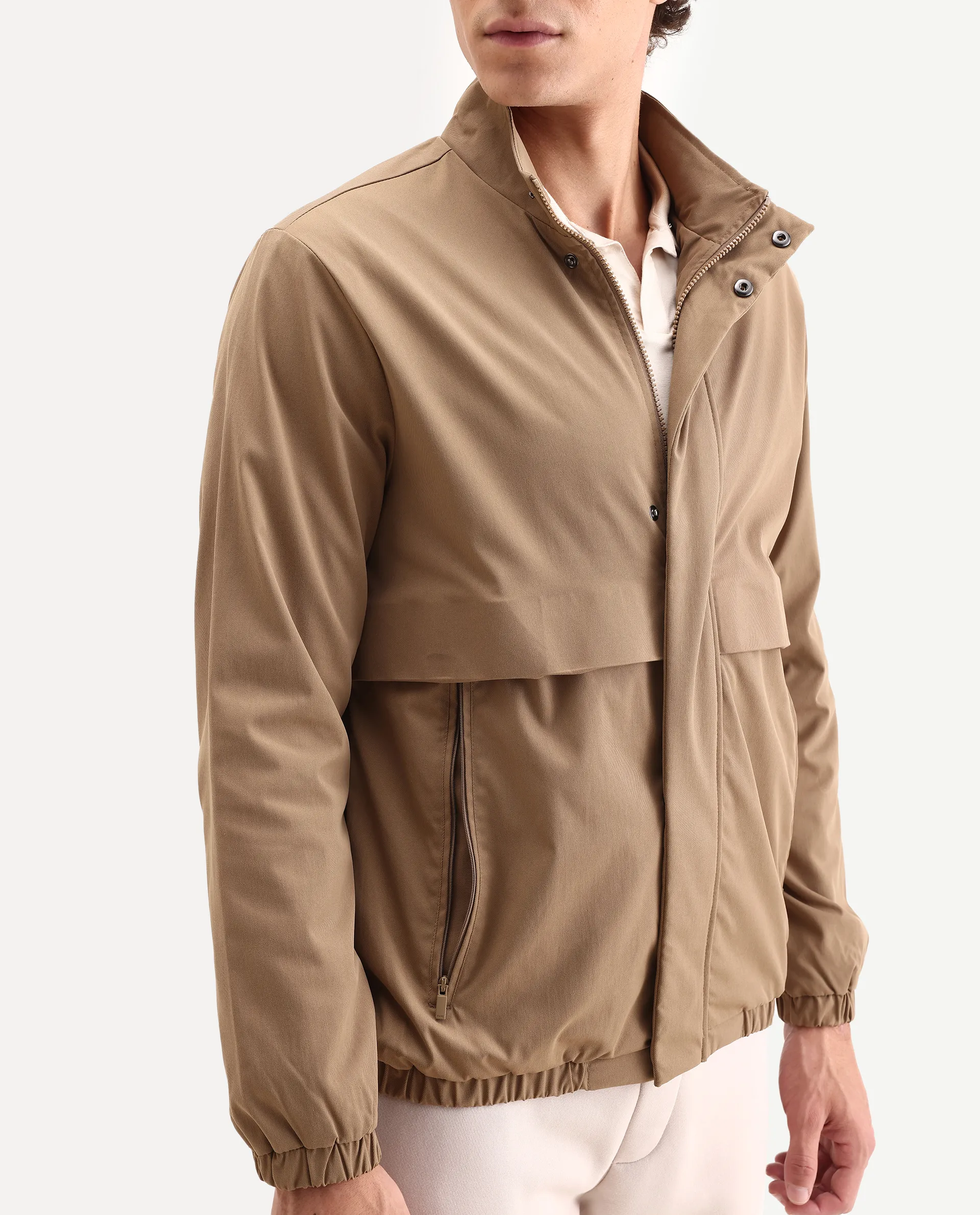 Rare Rabbit Men's Tim Beige Polyester Fabric High Neck Regular Fit Plain Jacket - Image 3