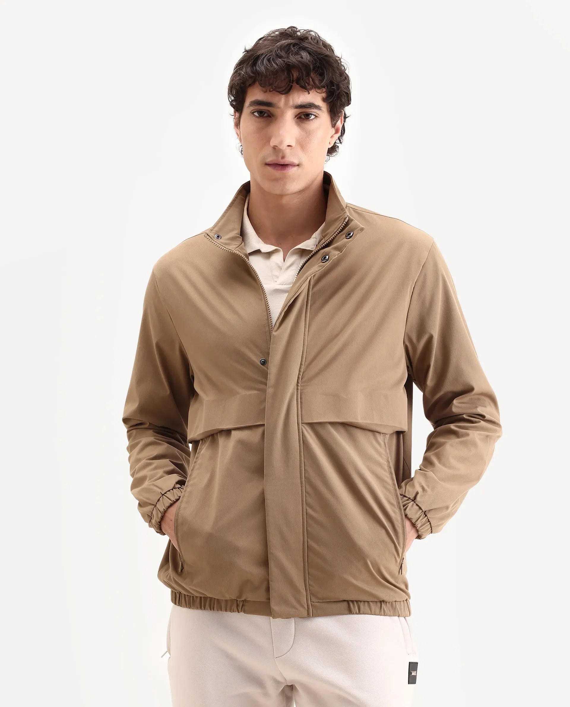 Rare Rabbit Men's Tim Beige Polyester Fabric High Neck Regular Fit Plain Jacket - Image 4