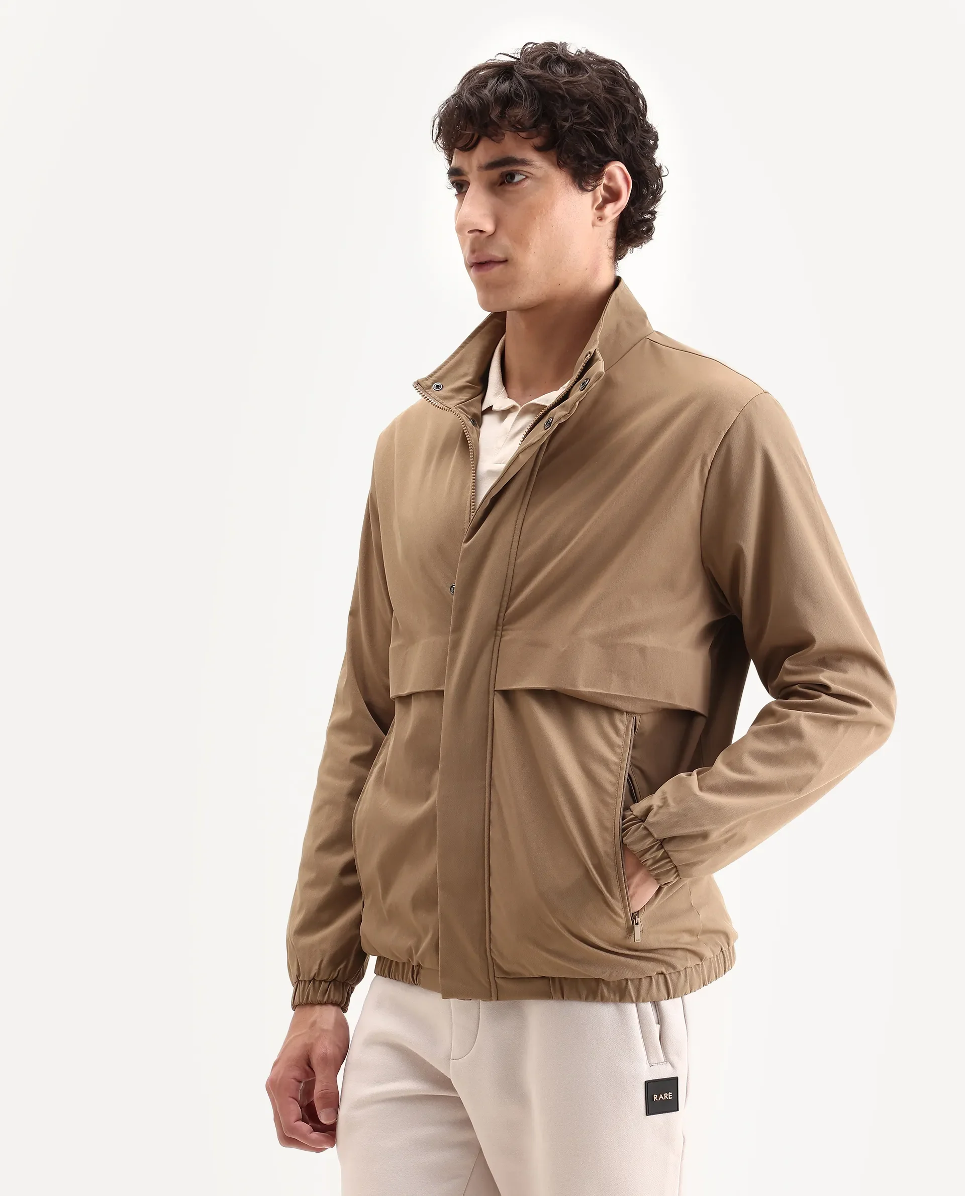 Rare Rabbit Men's Tim Beige Polyester Fabric High Neck Regular Fit Plain Jacket - Image 5