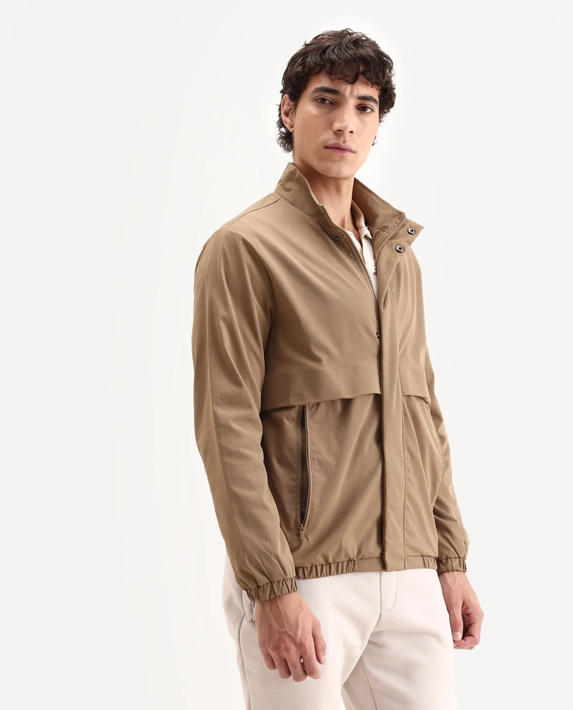 Rare Rabbit Men's Tim Beige Polyester Fabric High Neck Regular Fit Plain Jacket - Image 6