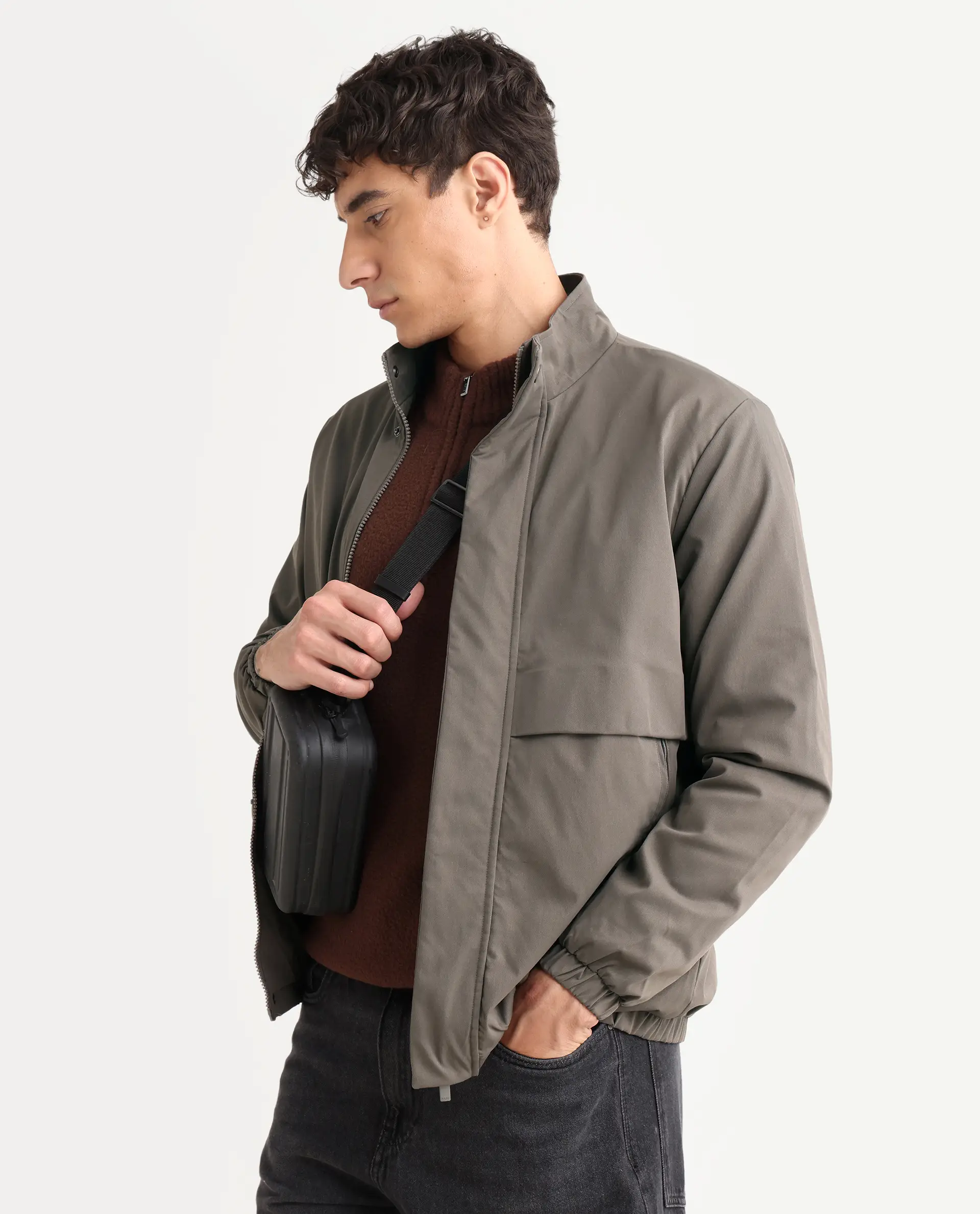 Rare Rabbit Men's Tim Grey Polyester Fabric High Neck Regular Fit Plain Jacket