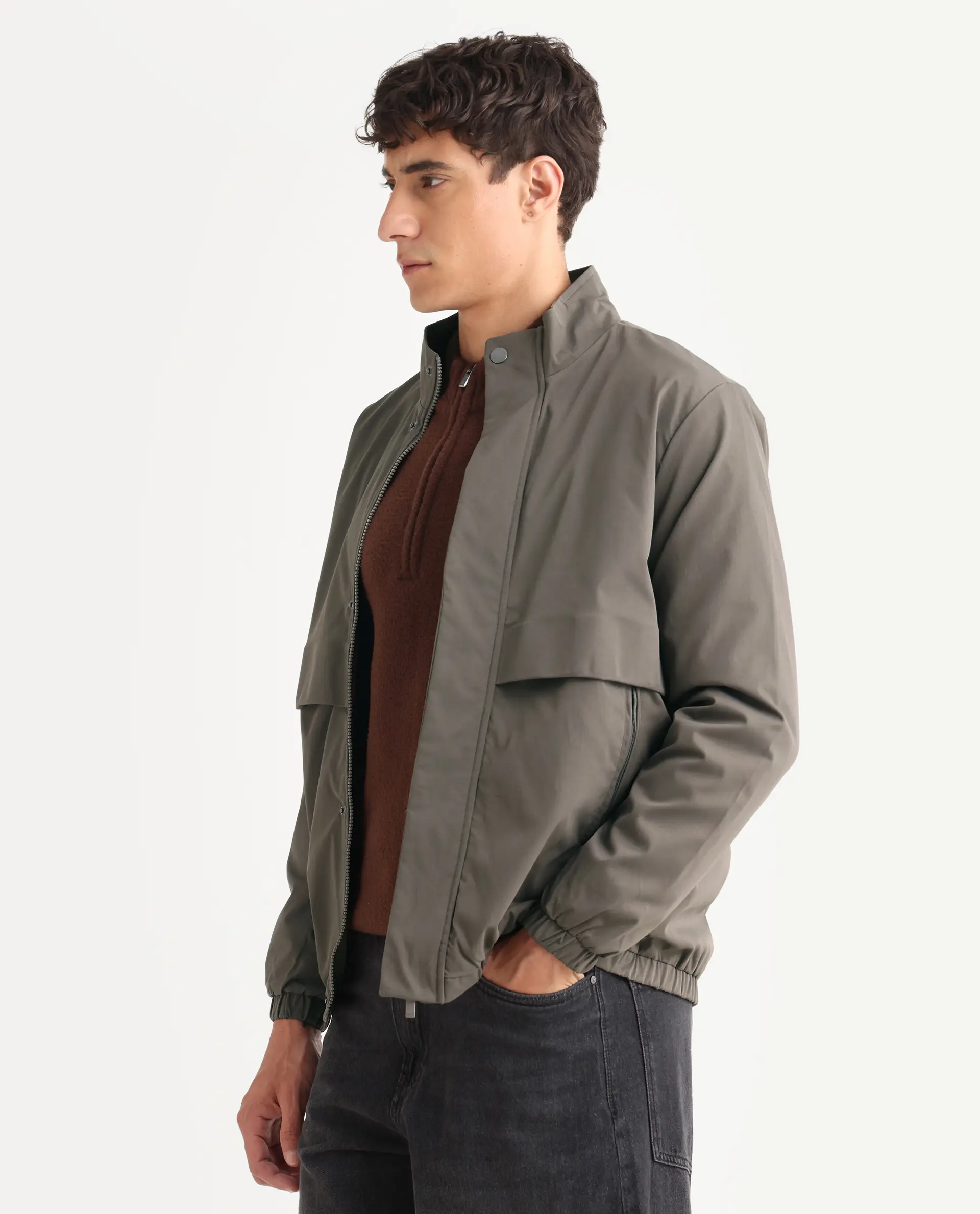 Rare Rabbit Men's Tim Grey Polyester Fabric High Neck Regular Fit Plain Jacket - Image 5