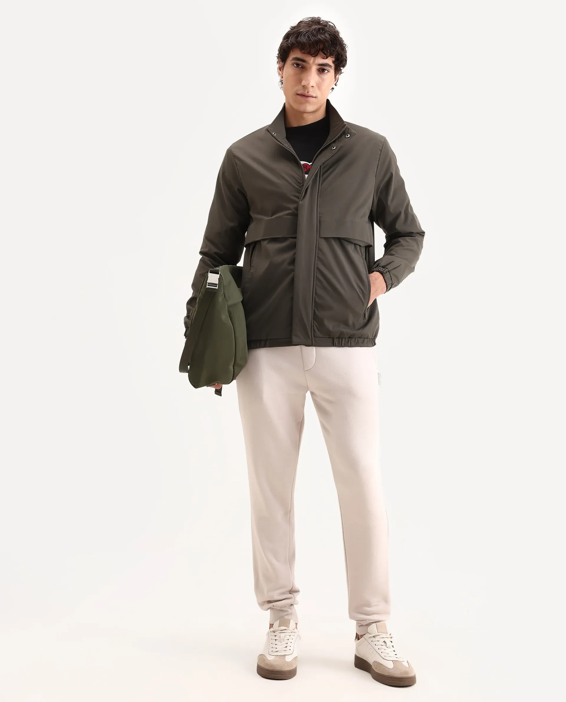 Rare Rabbit Men's Tim Olive Polyester Fabric High Neck Regular Fit Plain Jacket - Image 2