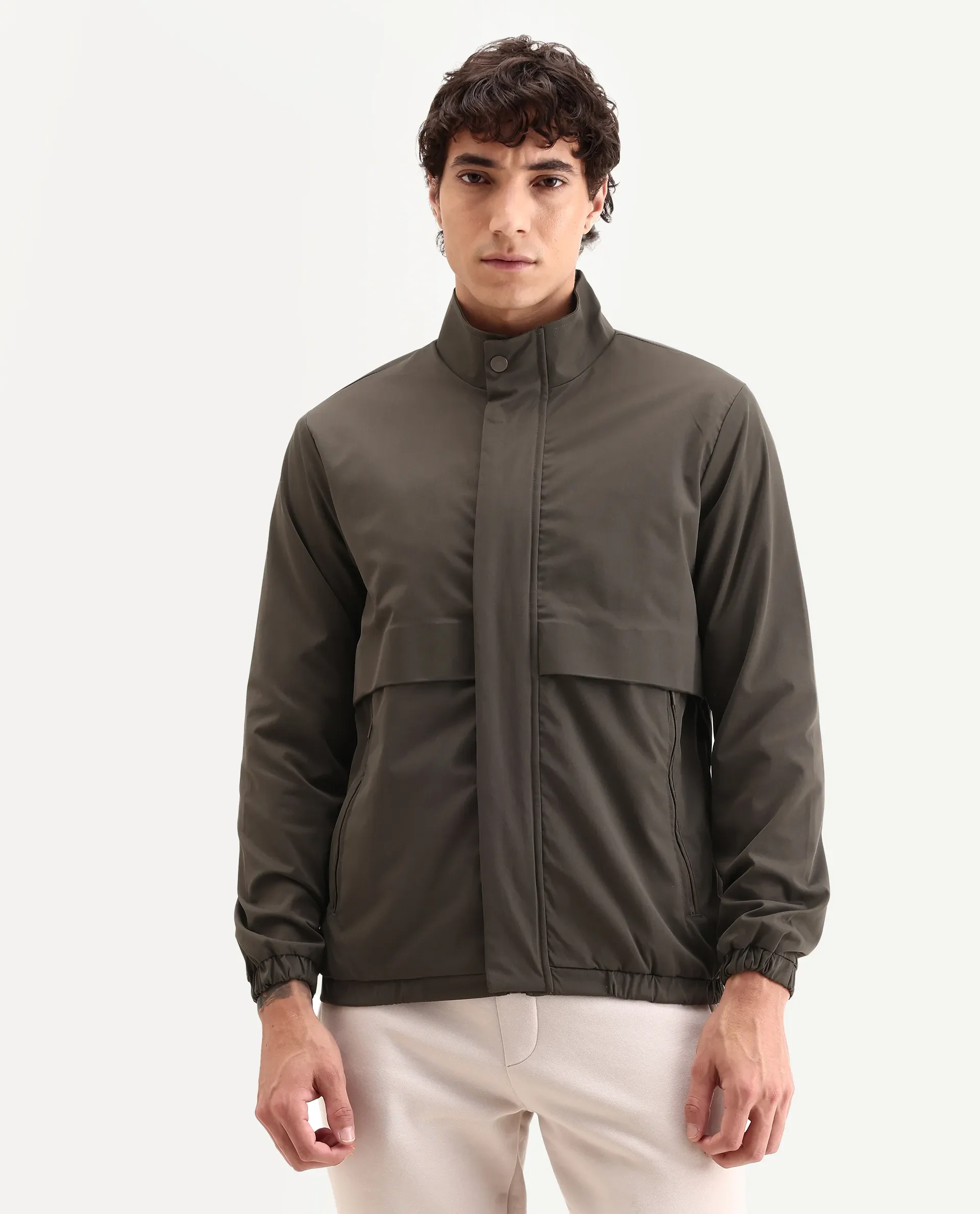 Rare Rabbit Men's Tim Olive Polyester Fabric High Neck Regular Fit Plain Jacket - Image 3