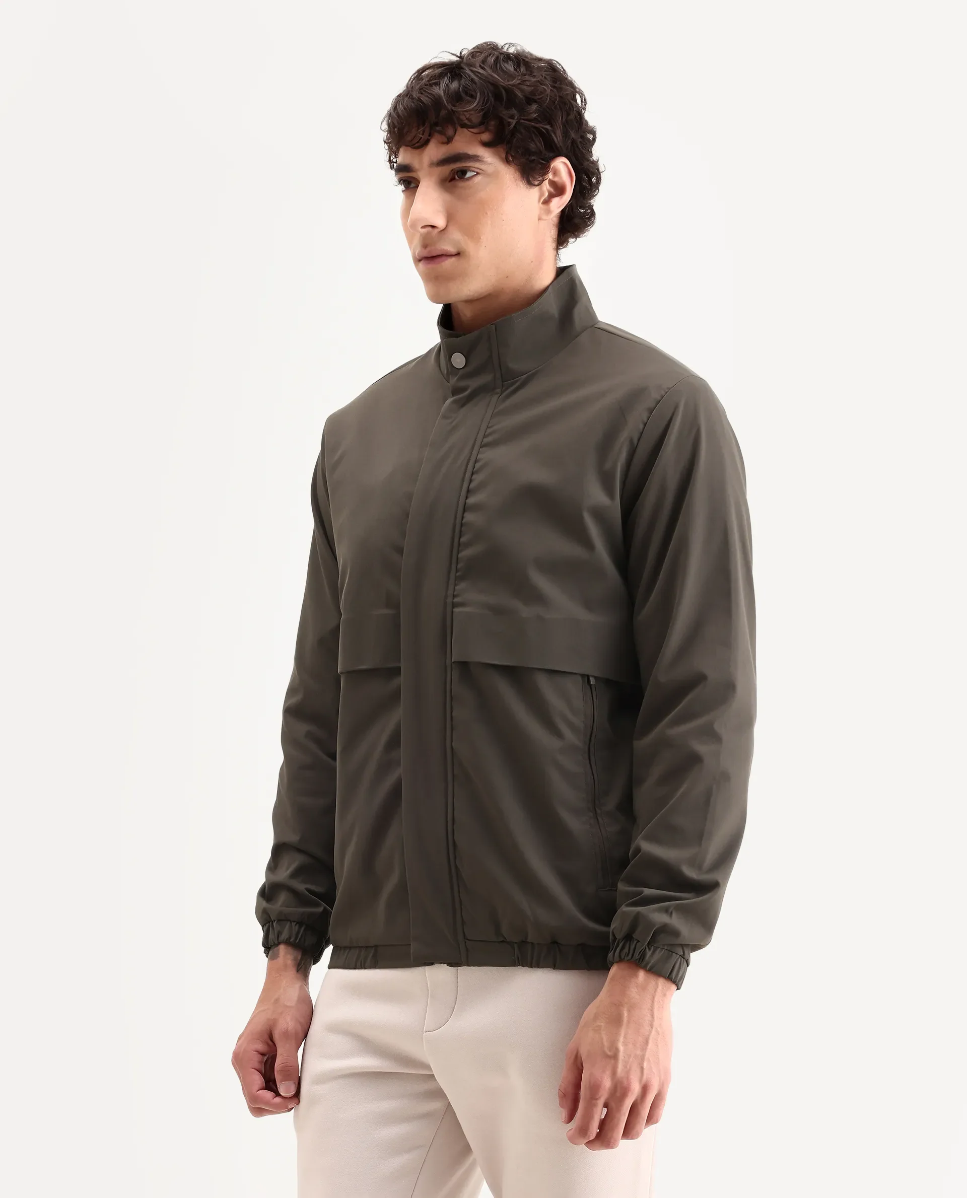 Rare Rabbit Men's Tim Olive Polyester Fabric High Neck Regular Fit Plain Jacket - Image 4