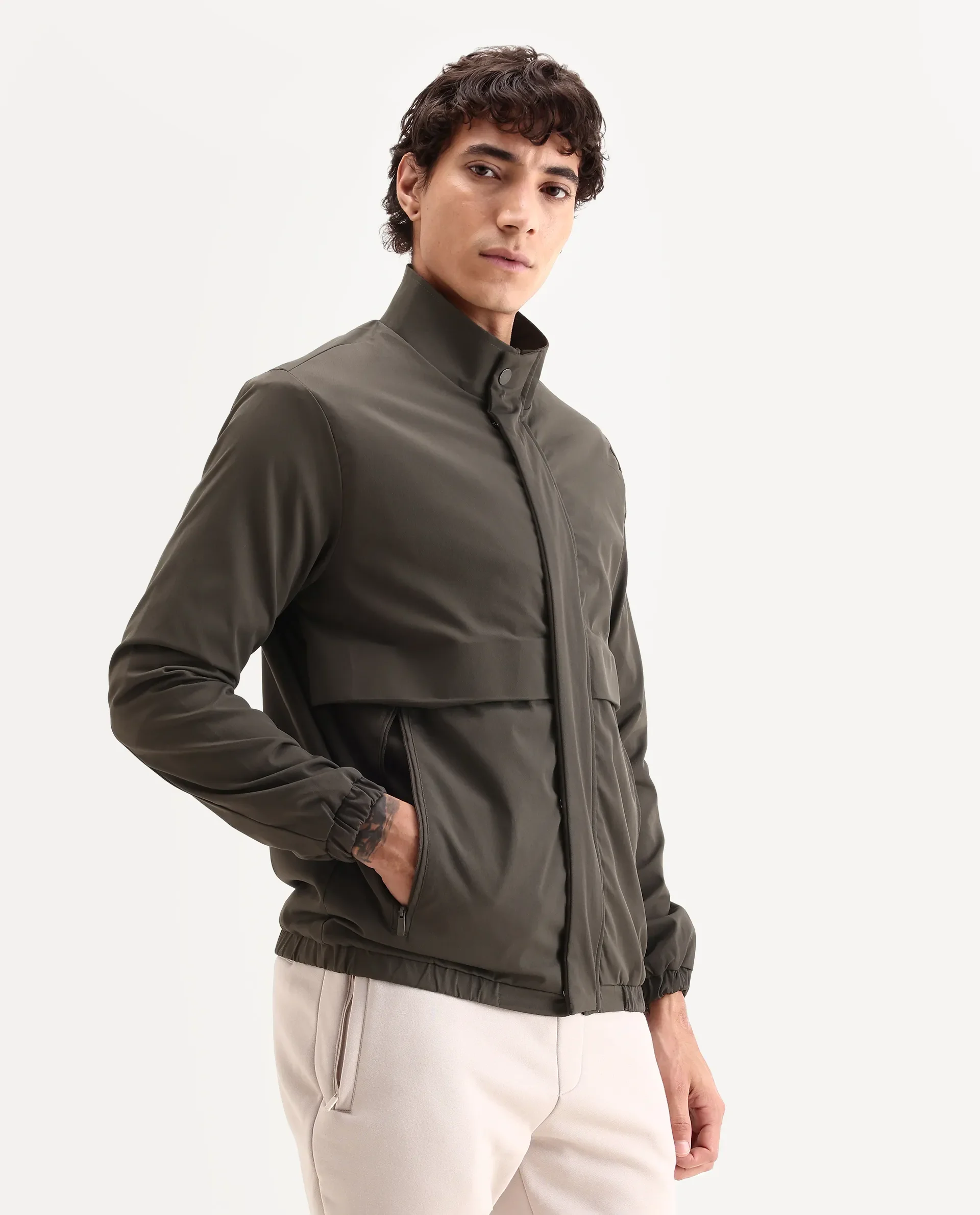 Rare Rabbit Men's Tim Olive Polyester Fabric High Neck Regular Fit Plain Jacket - Image 5