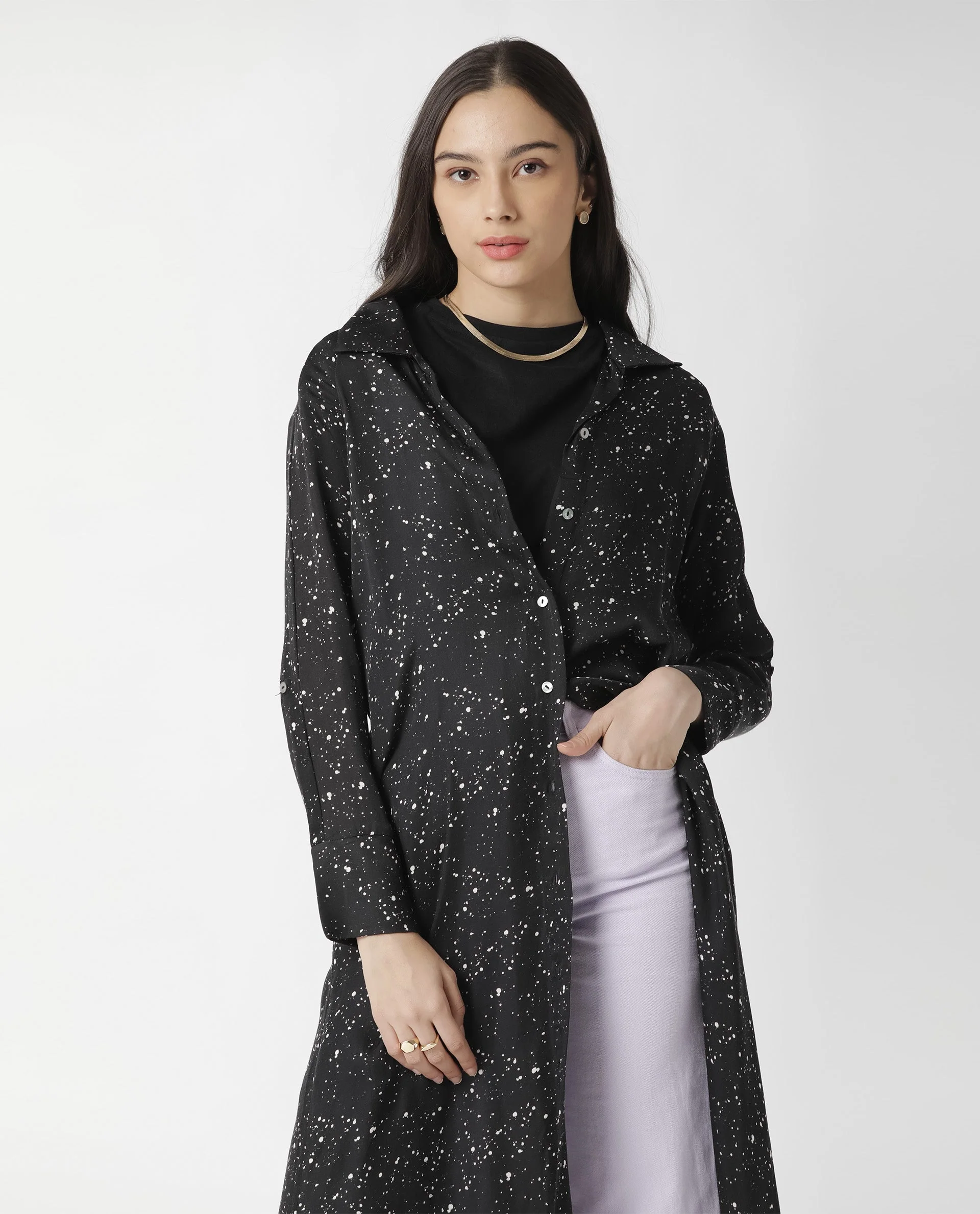 Rareism Womens Timid Black Dress Modal Fabric Regular Fit 3/4 Sleeve Collared Neck - Image 10