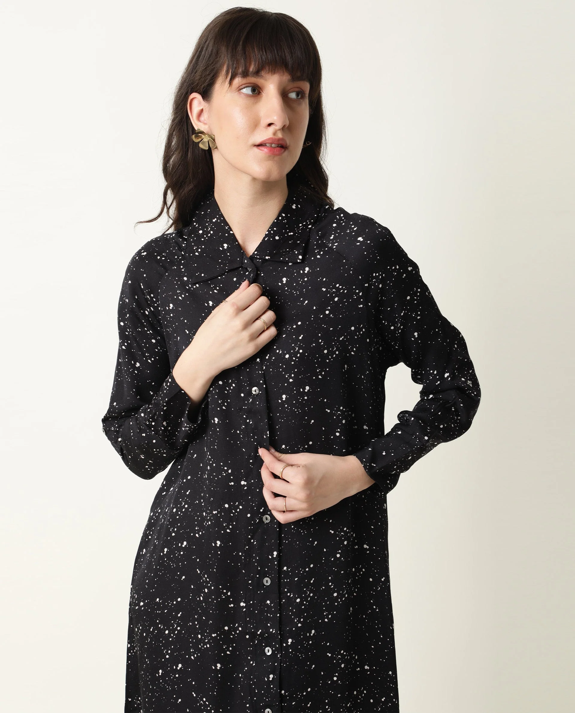 Rareism Womens Timid Black Dress Modal Fabric Regular Fit 3/4 Sleeve Collared Neck - Image 11