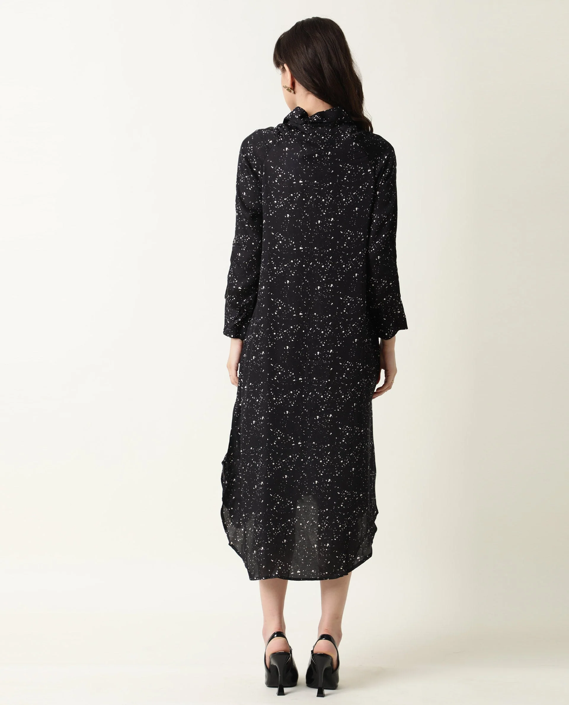 Rareism Womens Timid Black Dress Modal Fabric Regular Fit 3/4 Sleeve Collared Neck - Image 12
