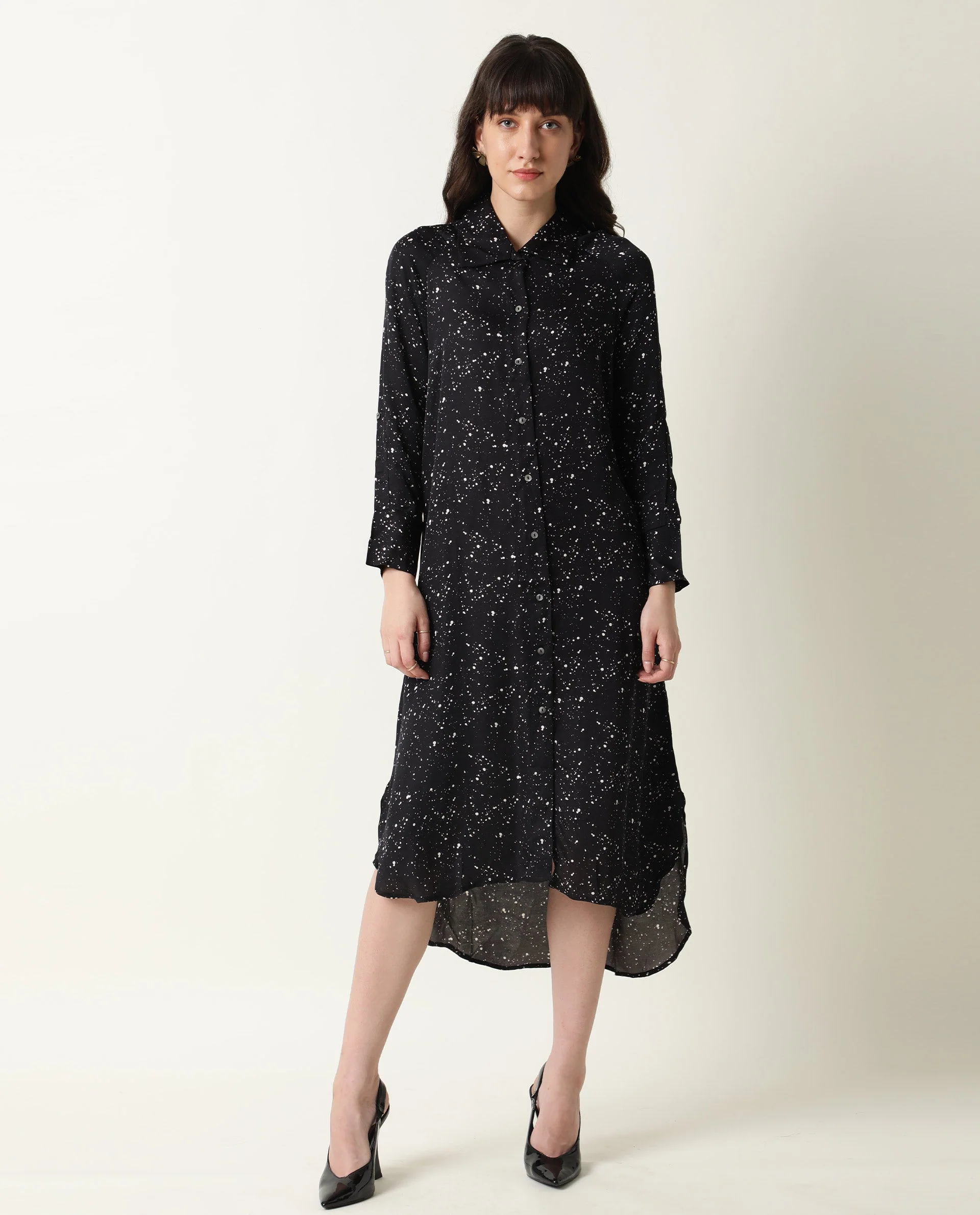 Rareism Womens Timid Black Dress Modal Fabric Regular Fit 3/4 Sleeve Collared Neck - Image 2