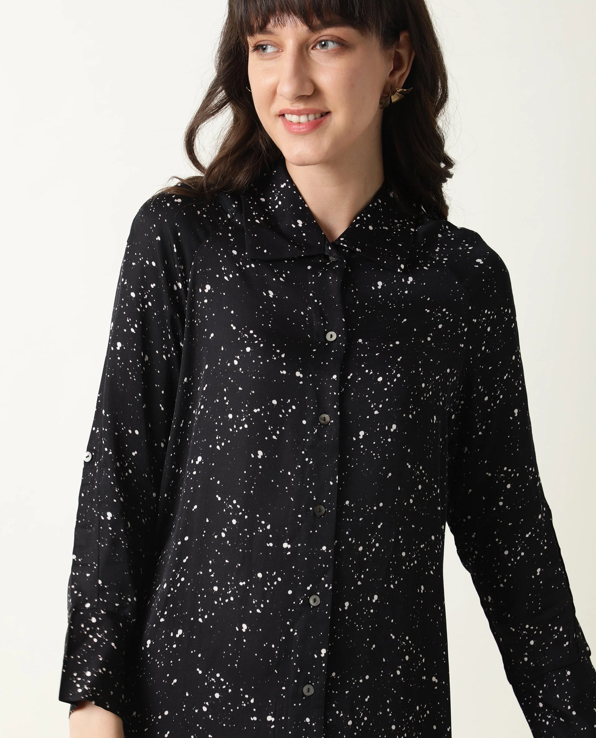 Rareism Womens Timid Black Dress Modal Fabric Regular Fit 3/4 Sleeve Collared Neck - Image 3