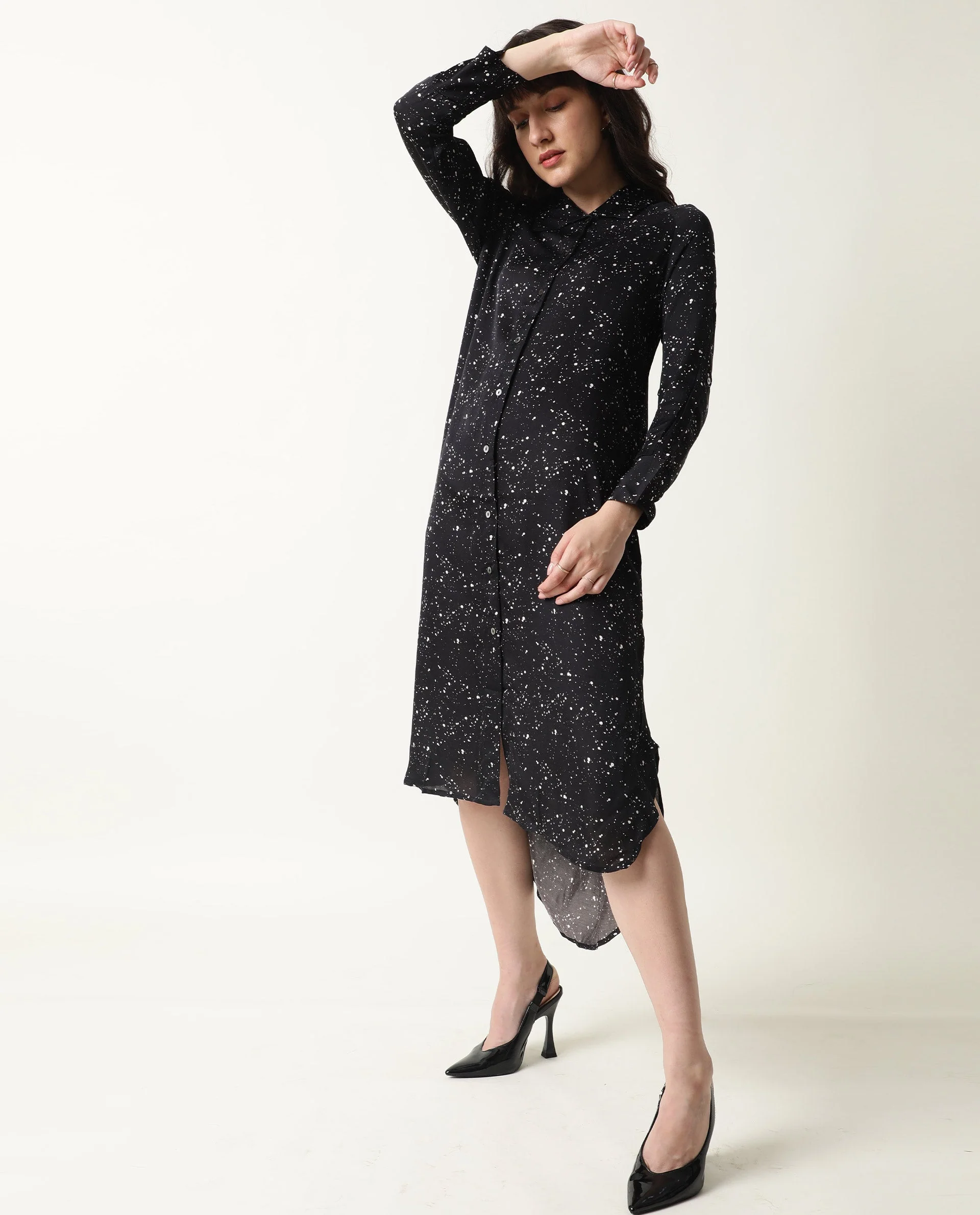 Rareism Womens Timid Black Dress Modal Fabric Regular Fit 3/4 Sleeve Collared Neck - Image 4