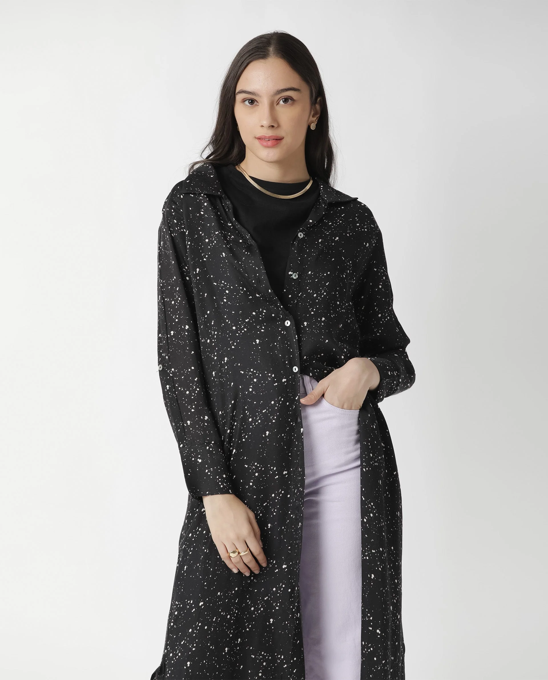Rareism Womens Timid Black Dress Modal Fabric Regular Fit 3/4 Sleeve Collared Neck - Image 5