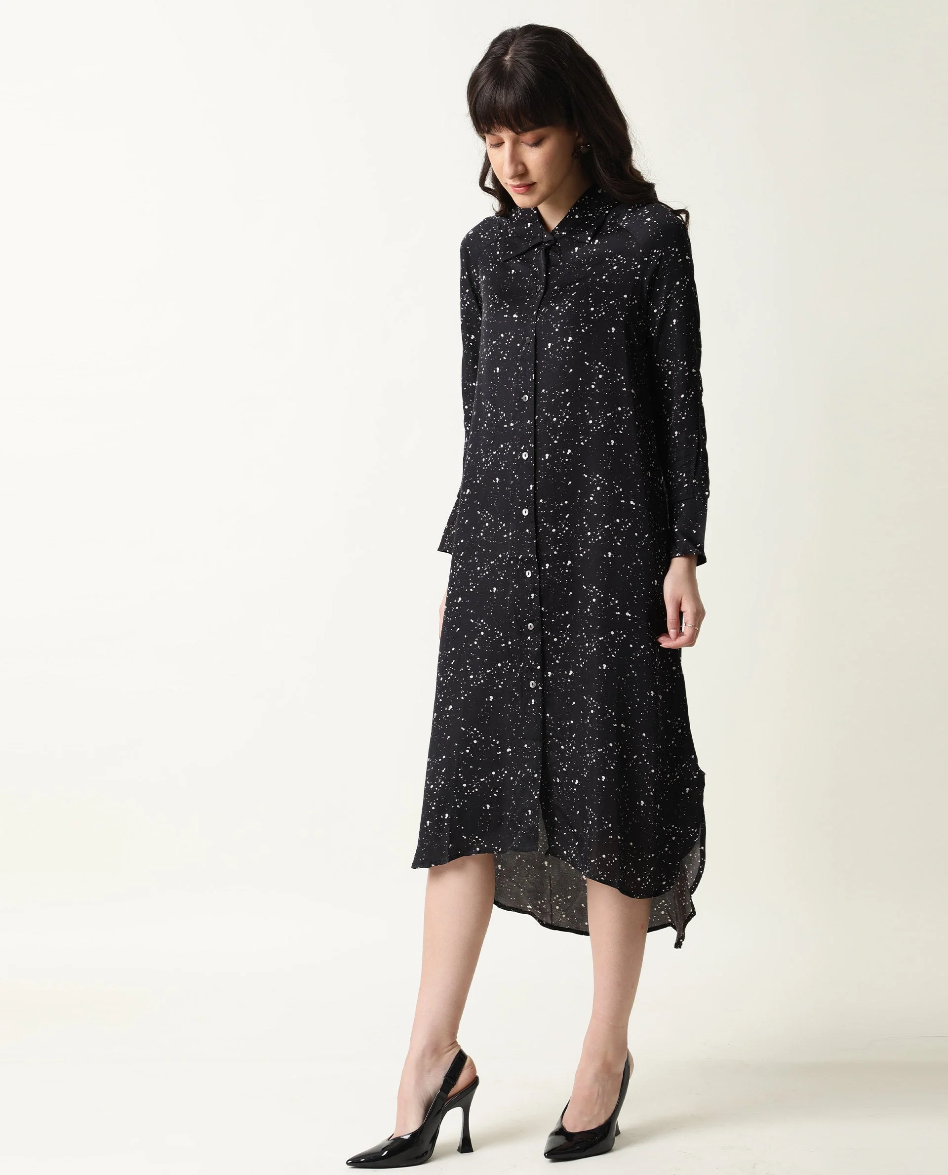Rareism Womens Timid Black Dress Modal Fabric Regular Fit 3/4 Sleeve Collared Neck - Image 8