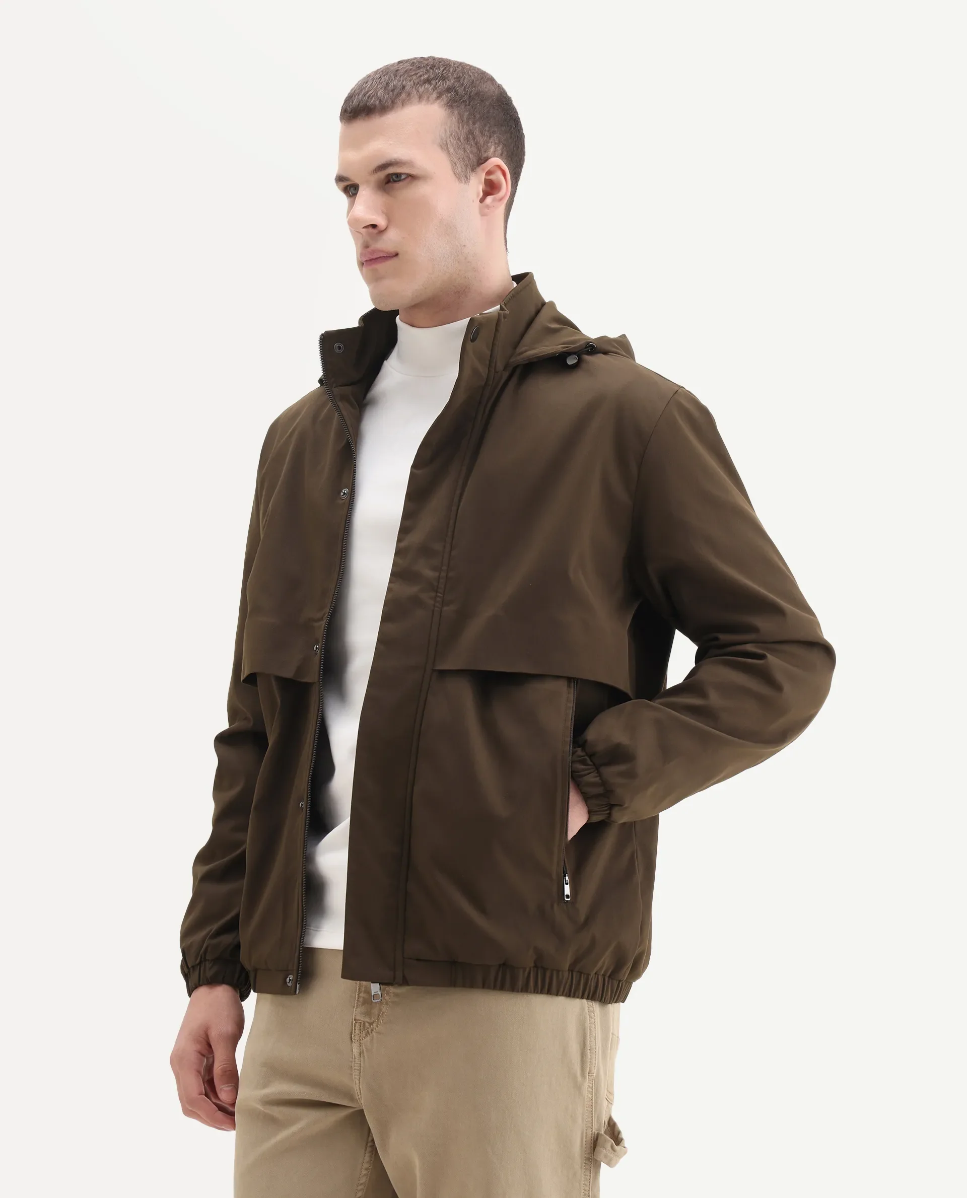 Rare Rabbit Men's Timmins Brown Polyester Fabric Hooded Neck Relaxed Plain Jacket - Image 5