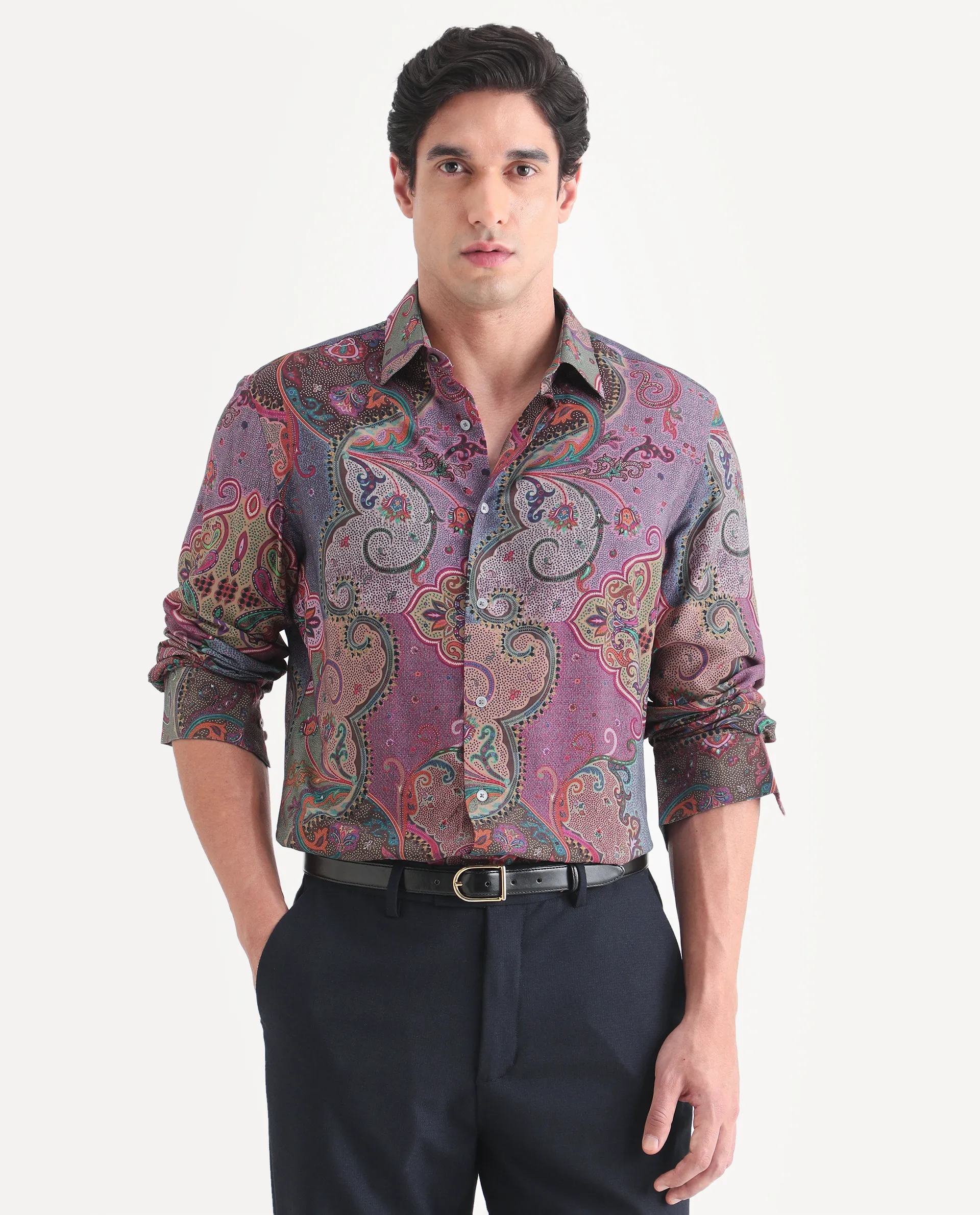 Rare Rabbit Men's Timo Multi Viscose Fabric Full Sleeve Spread Collar Regular Fit Paisley Print Shirt - Image 4