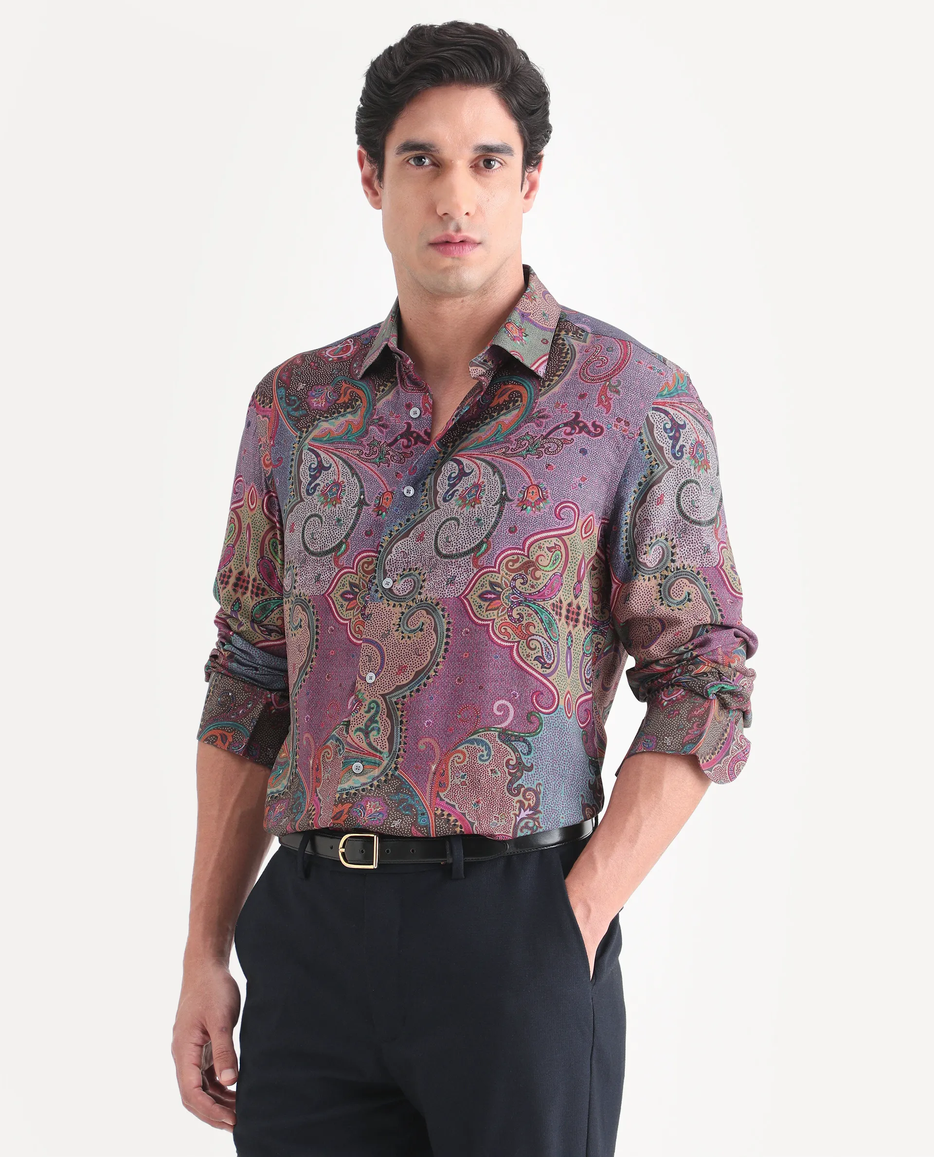 Rare Rabbit Men's Timo Multi Viscose Fabric Full Sleeve Spread Collar Regular Fit Paisley Print Shirt - Image 5