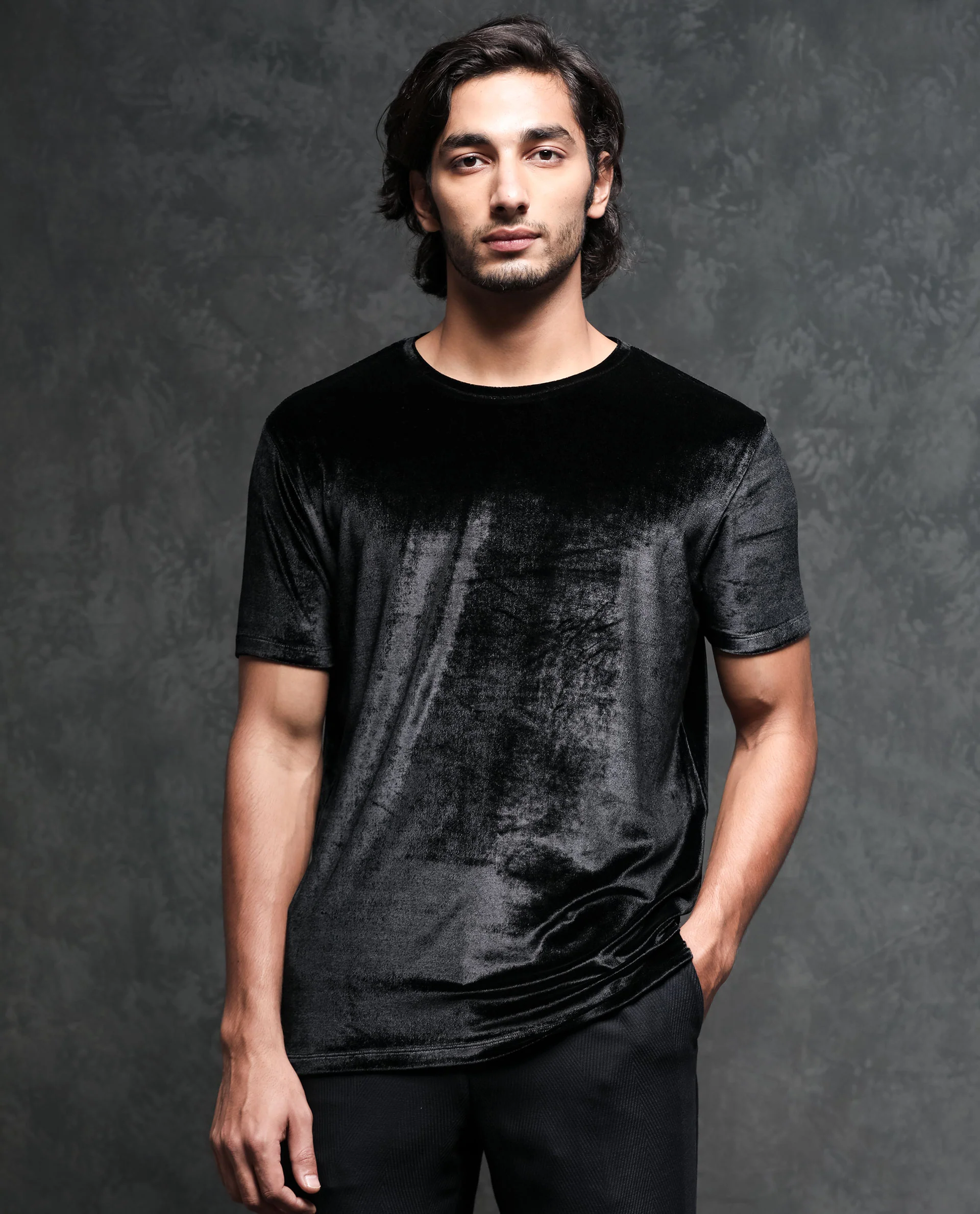 Rare Rabbit Men's Timo Black Velvet Plain Slim Fit Half Sleeve Crew Neck T-Shirt