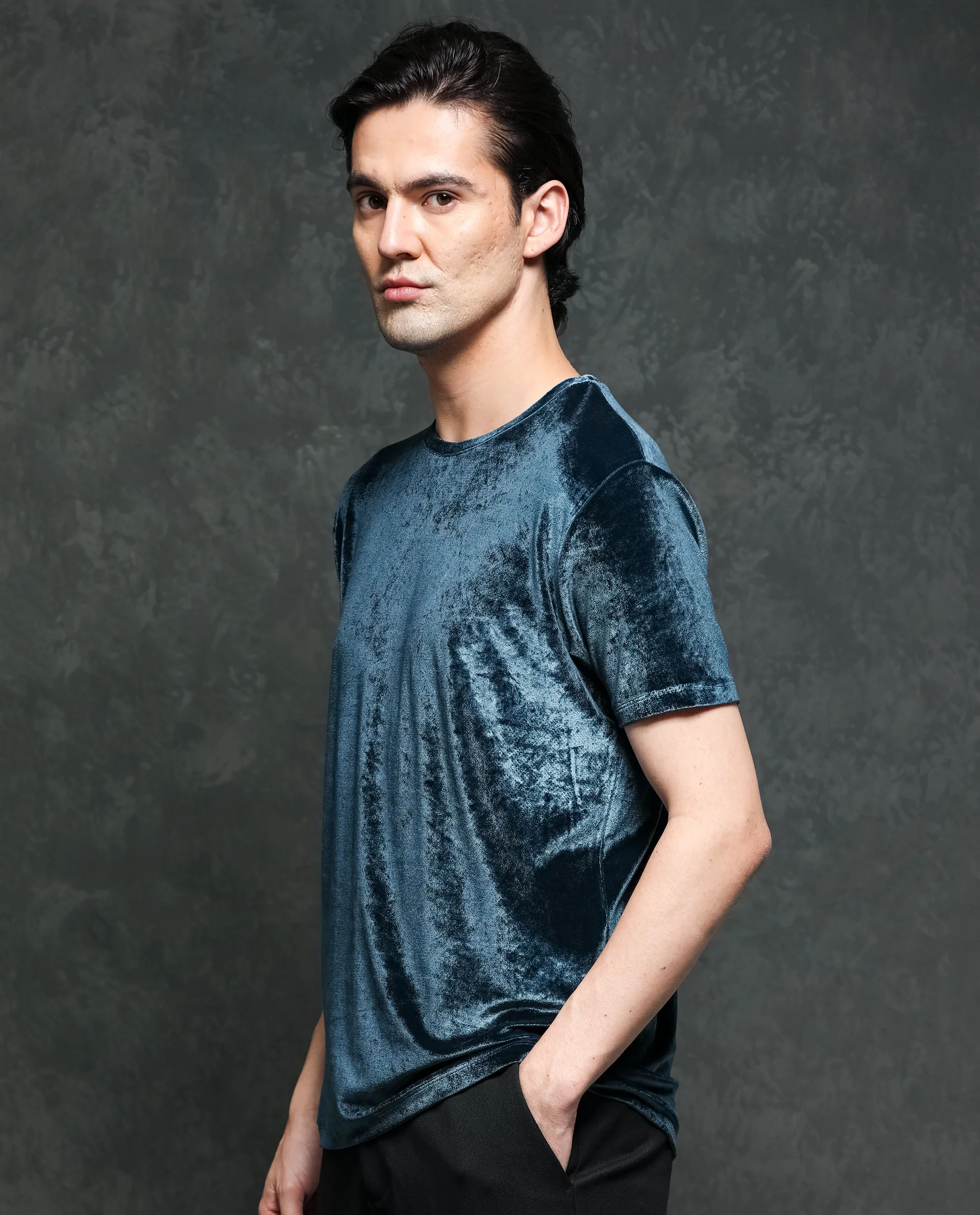 Rare Rabbit Men's Timo Teal Velvet Plain Slim Fit Half Sleeve Crew Neck T-Shirt - Image 5