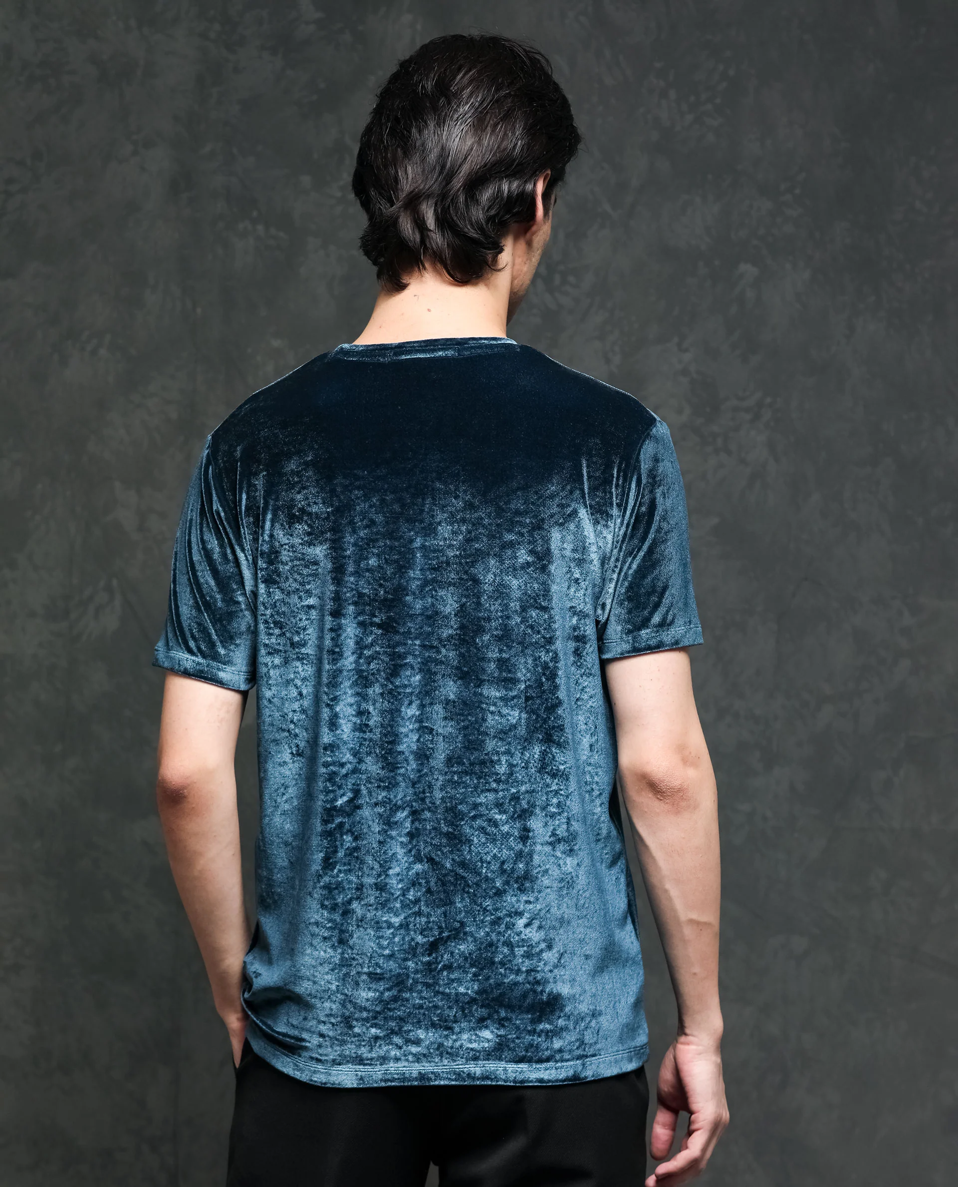 Rare Rabbit Men's Timo Teal Velvet Plain Slim Fit Half Sleeve Crew Neck T-Shirt - Image 7
