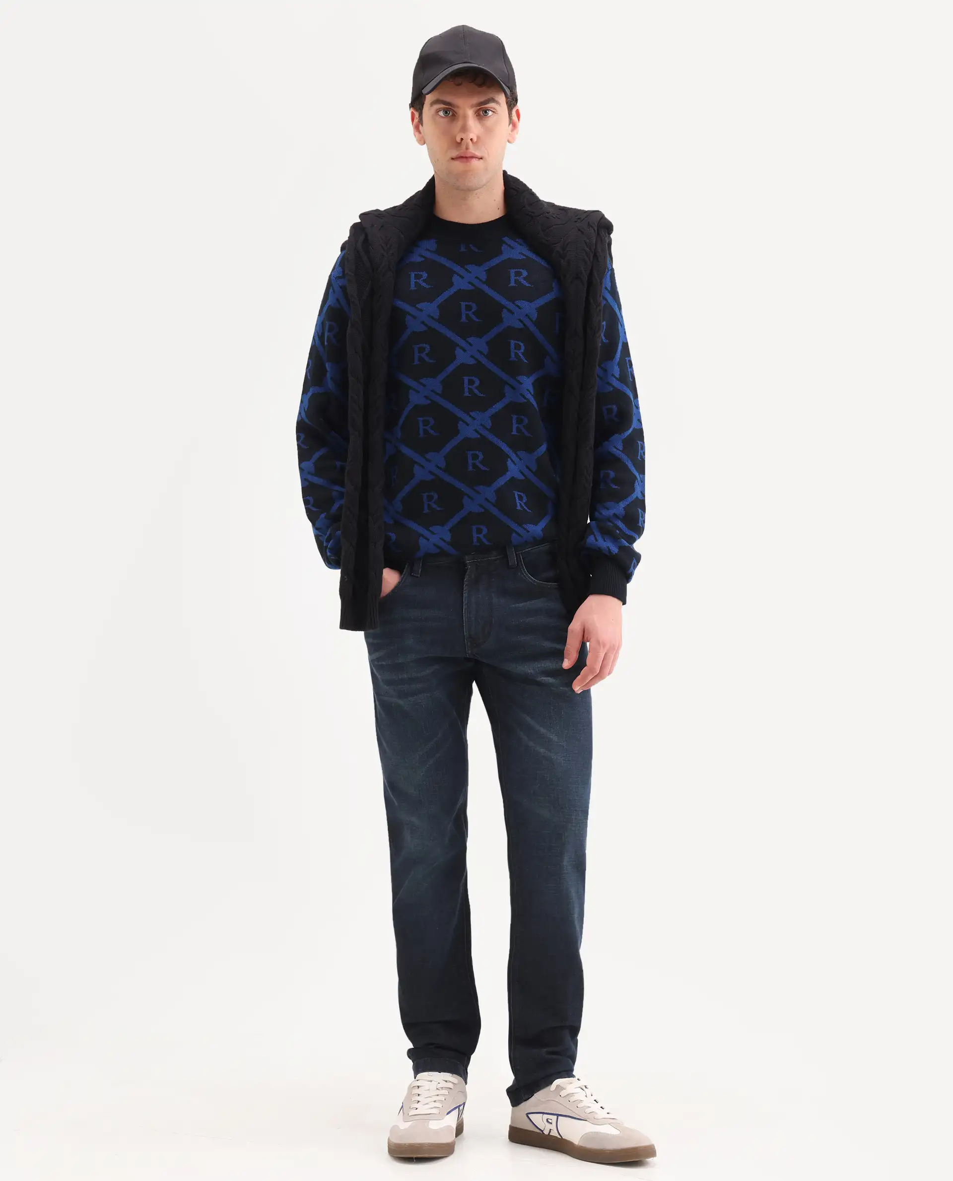Rare Rabbit Men's Timon Dark Navy Cotton Blend Fabric Shank And Zipper Hawk Slim Plain Jeans