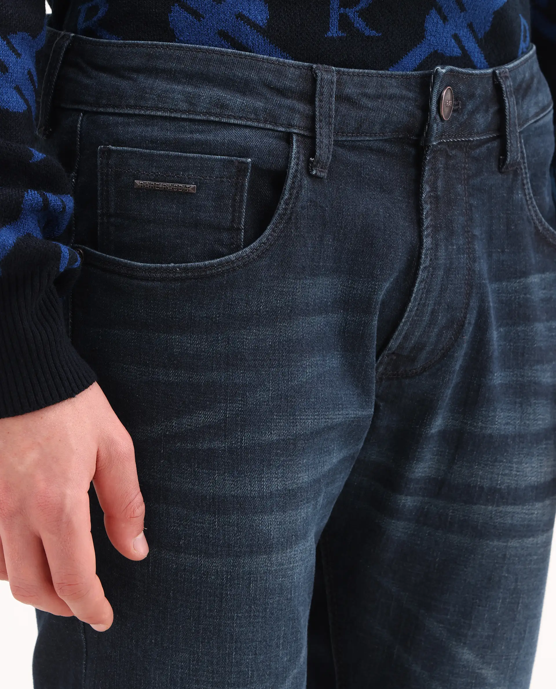 Rare Rabbit Men's Timon Dark Navy Cotton Blend Fabric Shank And Zipper Hawk Slim Plain Jeans - Image 3