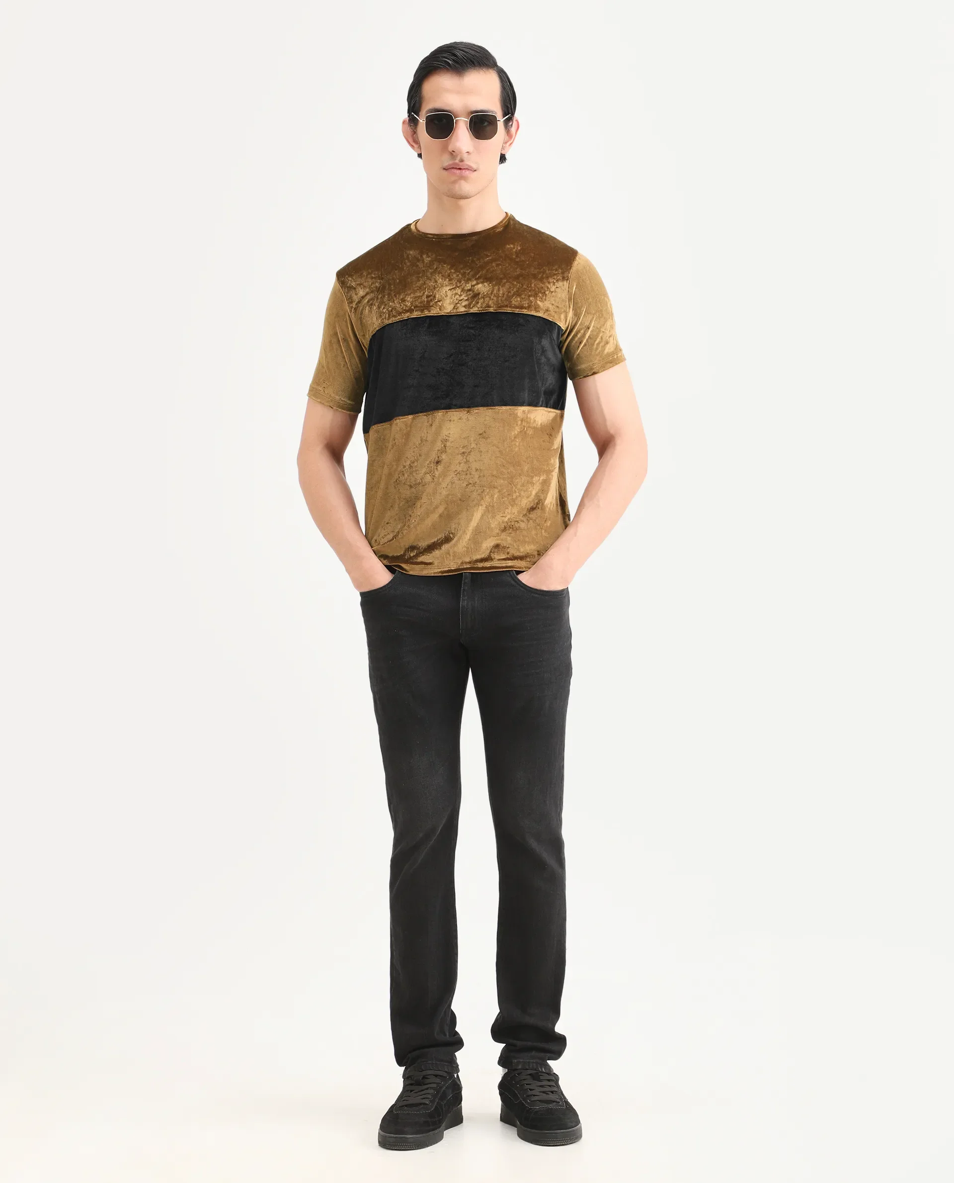 Rare Rabbit Men's Timos Mustard Velvet Ombre Slim Fit Half Sleeve Crew Neck T-Shirt - Image 2