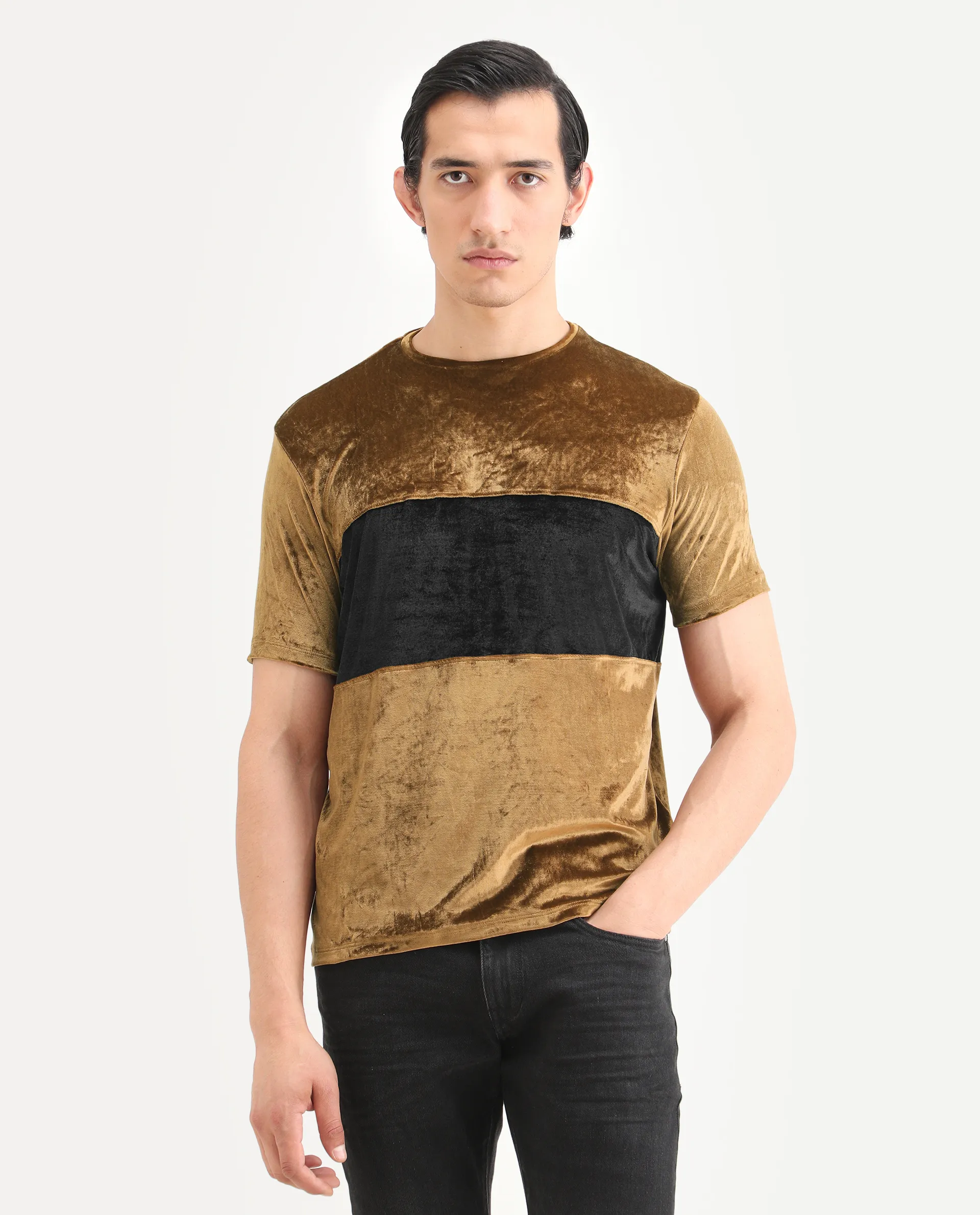 Rare Rabbit Men's Timos Mustard Velvet Ombre Slim Fit Half Sleeve Crew Neck T-Shirt - Image 3