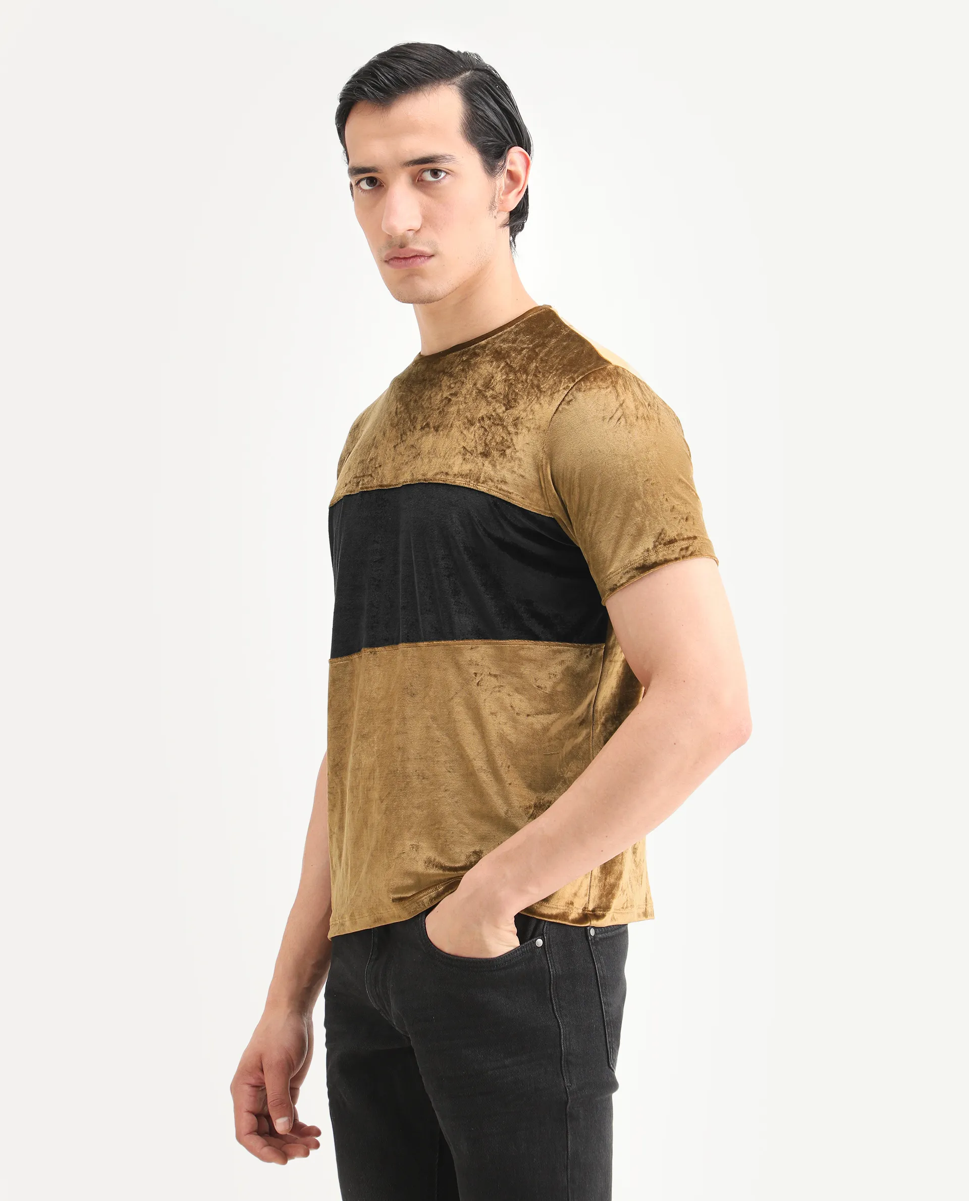 Rare Rabbit Men's Timos Mustard Velvet Ombre Slim Fit Half Sleeve Crew Neck T-Shirt - Image 5
