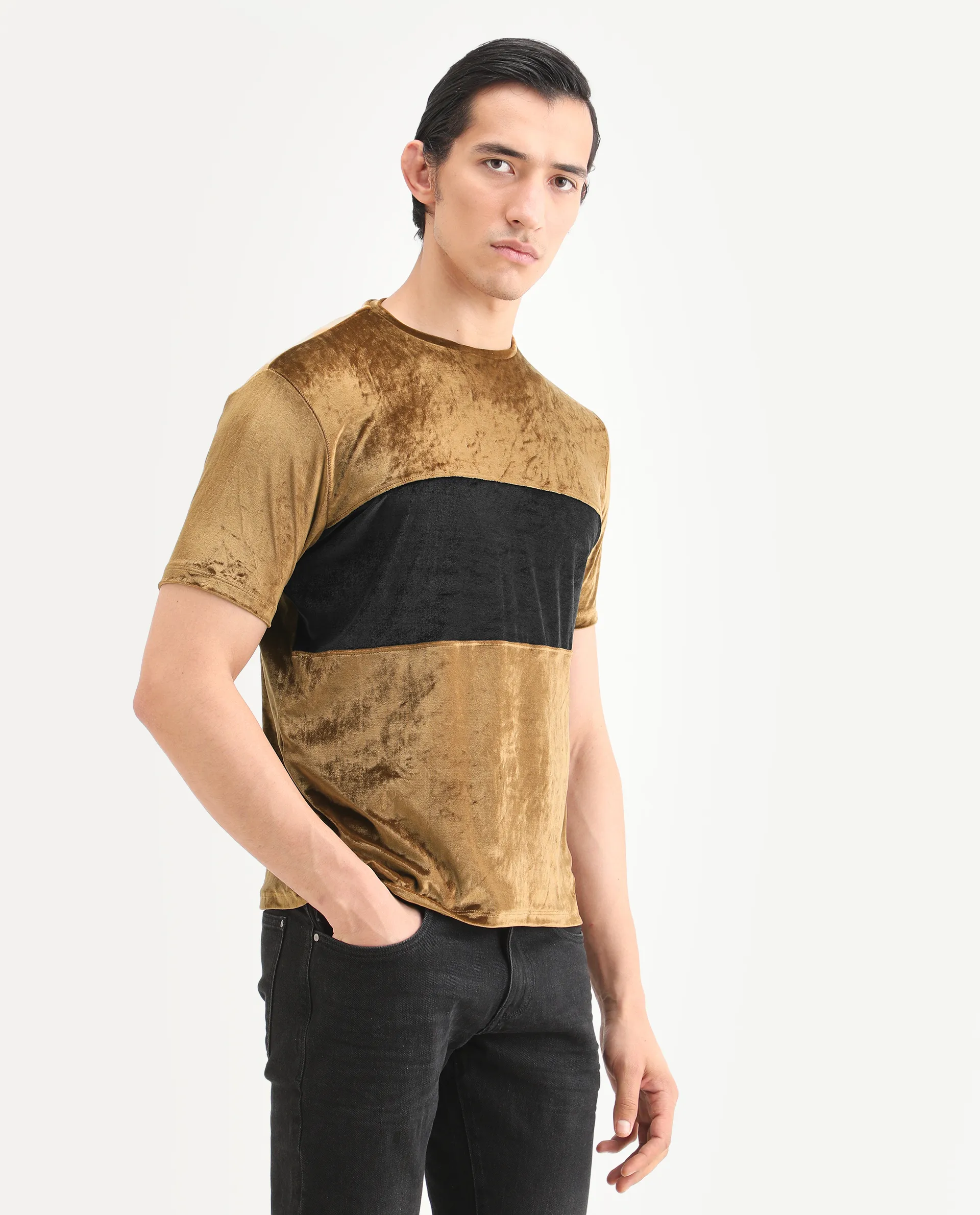 Rare Rabbit Men's Timos Mustard Velvet Ombre Slim Fit Half Sleeve Crew Neck T-Shirt - Image 6