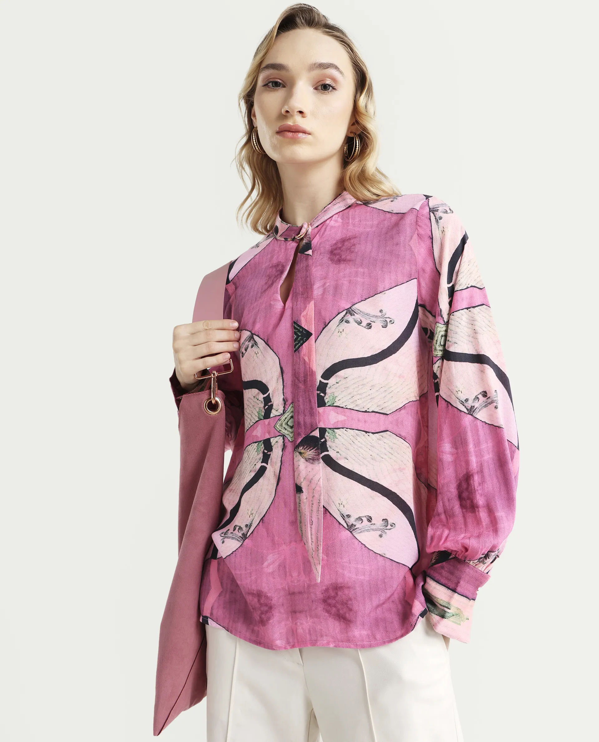 Rareism Women's Timro Light Pink Viscose Blend High Neck Abstract Print Bishop Sleeve Relaxed Fit Top
