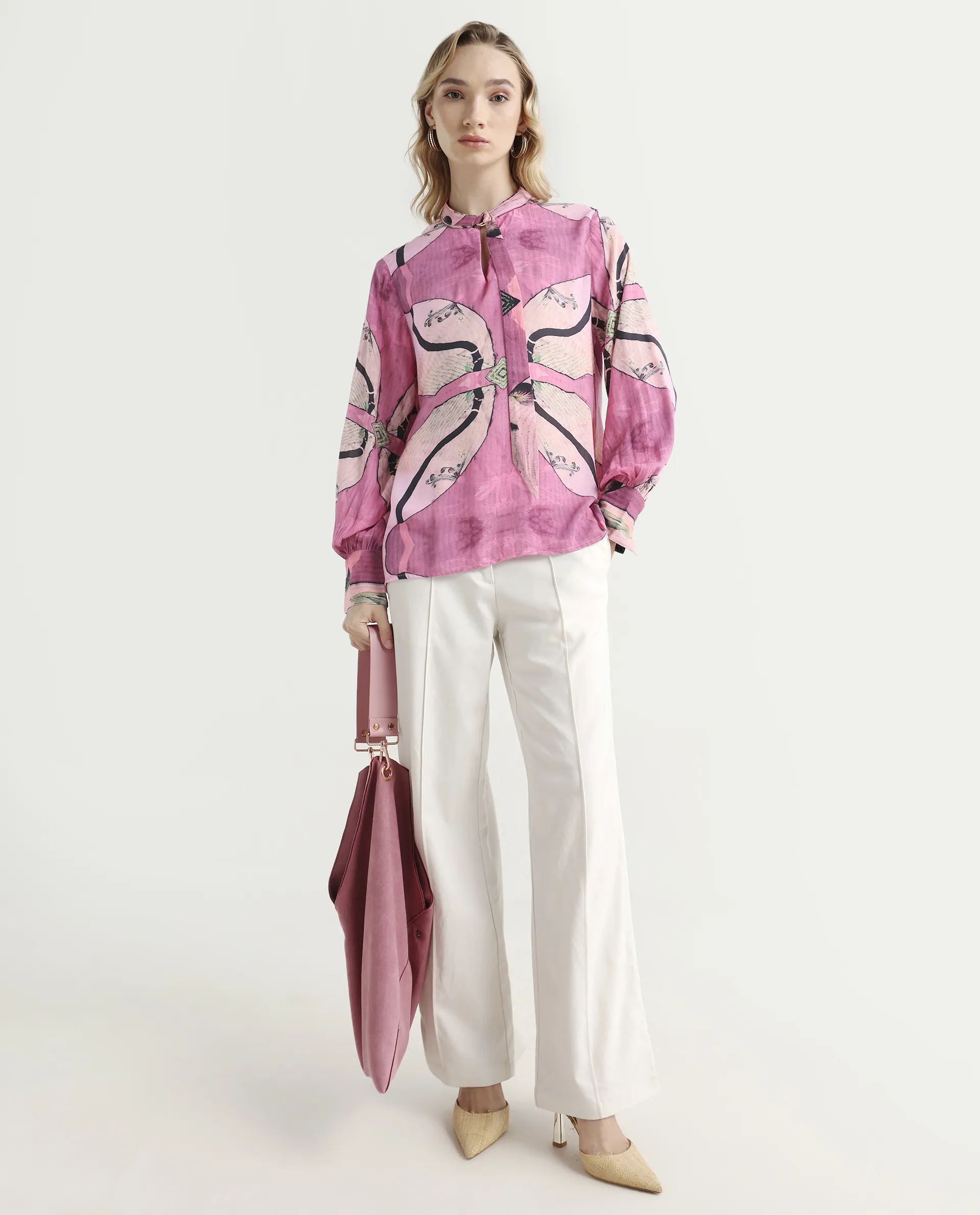 Rareism Women's Timro Light Pink Viscose Blend High Neck Abstract Print Bishop Sleeve Relaxed Fit Top - Image 2