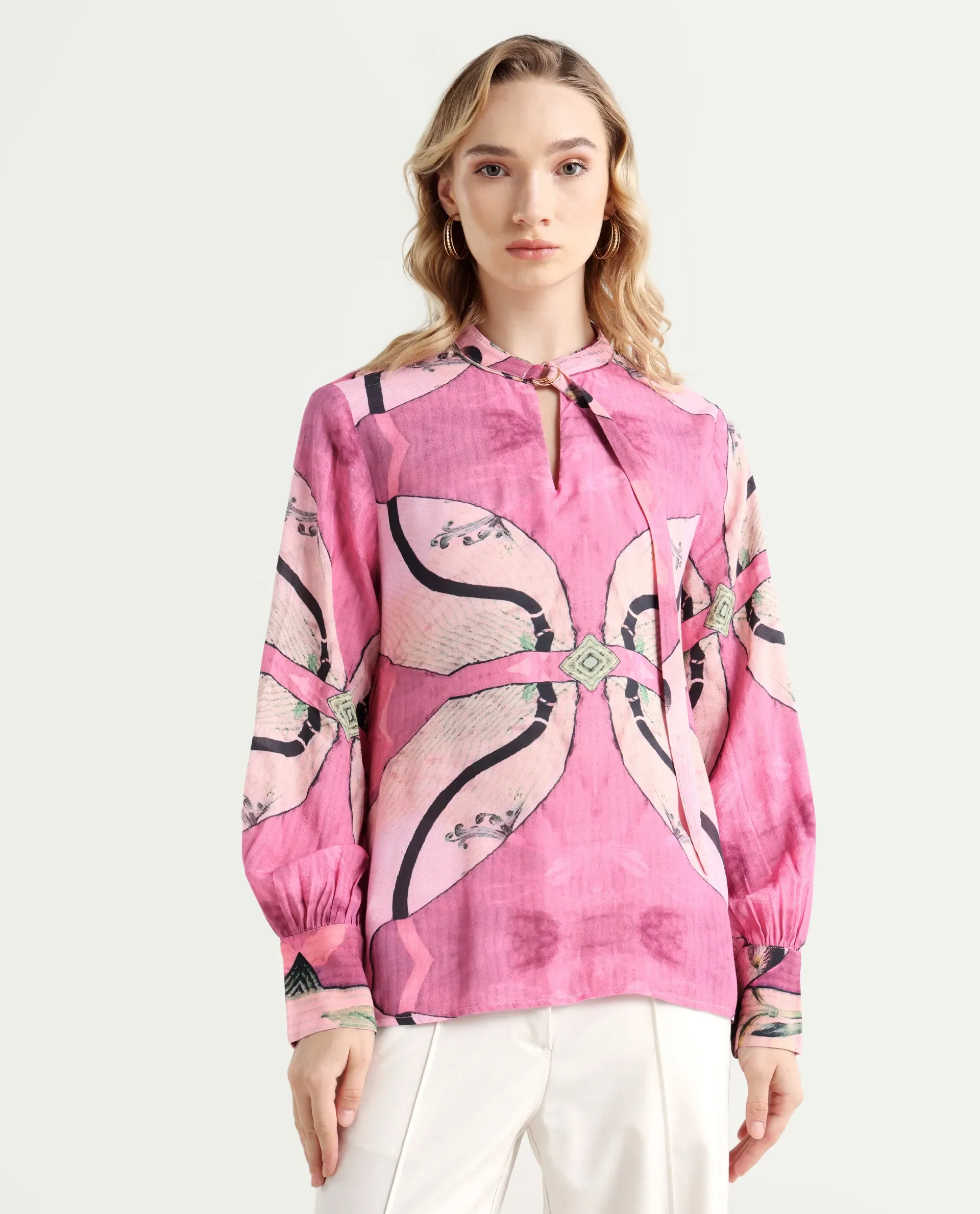 Rareism Women's Timro Light Pink Viscose Blend High Neck Abstract Print Bishop Sleeve Relaxed Fit Top - Image 3