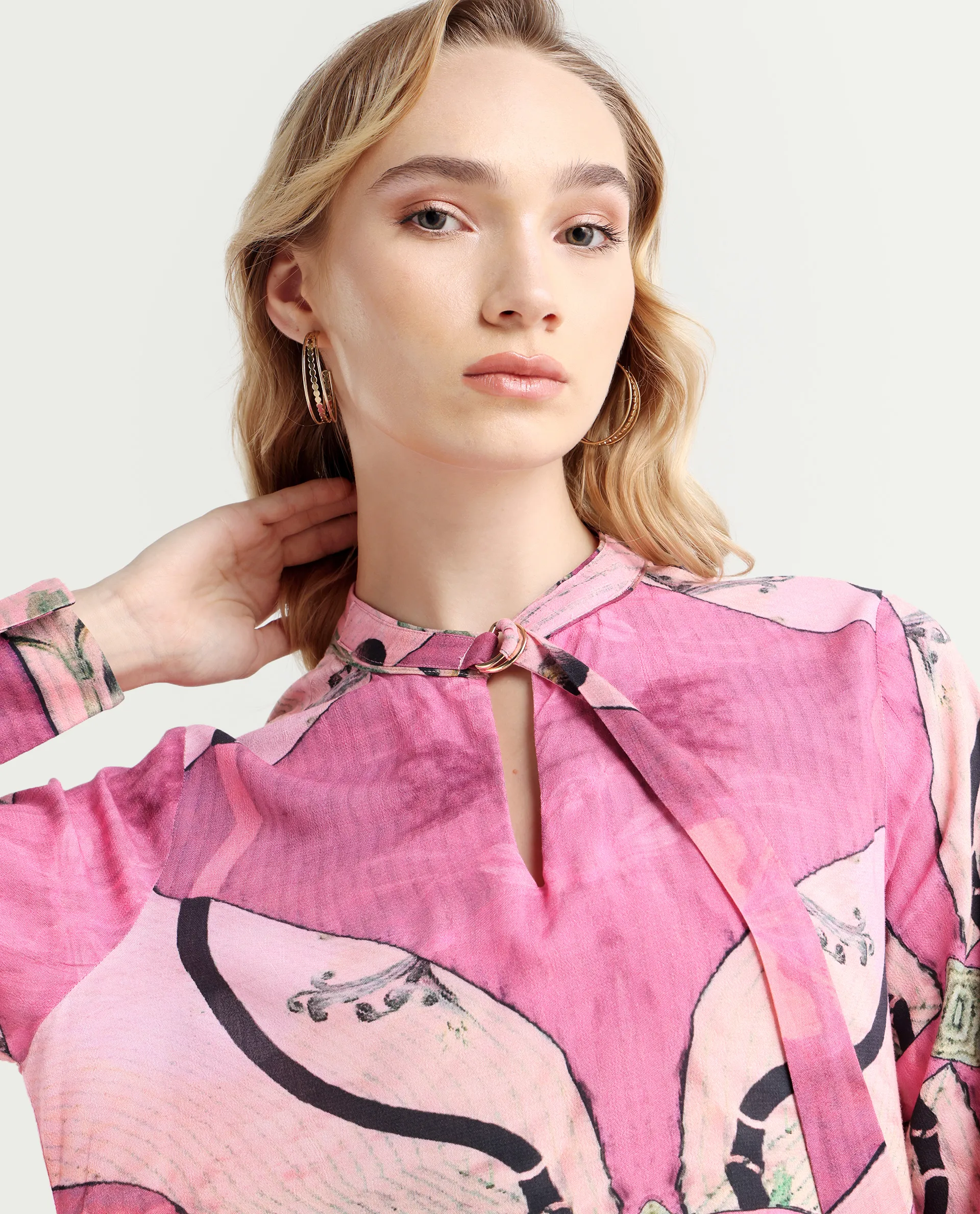 Rareism Women's Timro Light Pink Viscose Blend High Neck Abstract Print Bishop Sleeve Relaxed Fit Top - Image 4