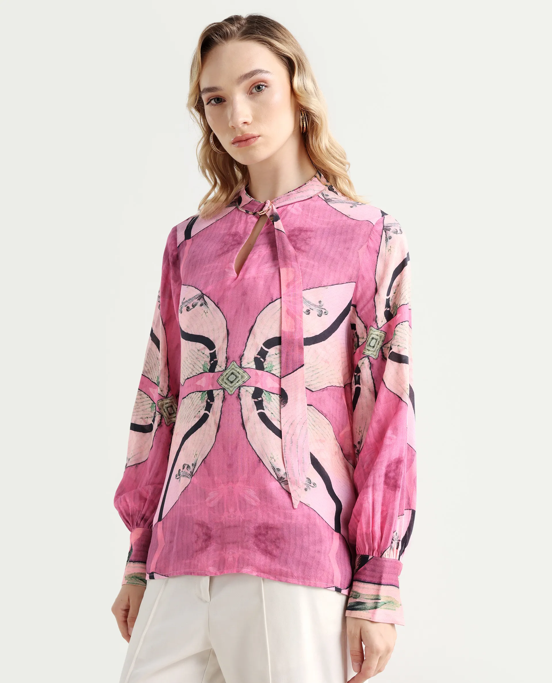 Rareism Women's Timro Light Pink Viscose Blend High Neck Abstract Print Bishop Sleeve Relaxed Fit Top - Image 6