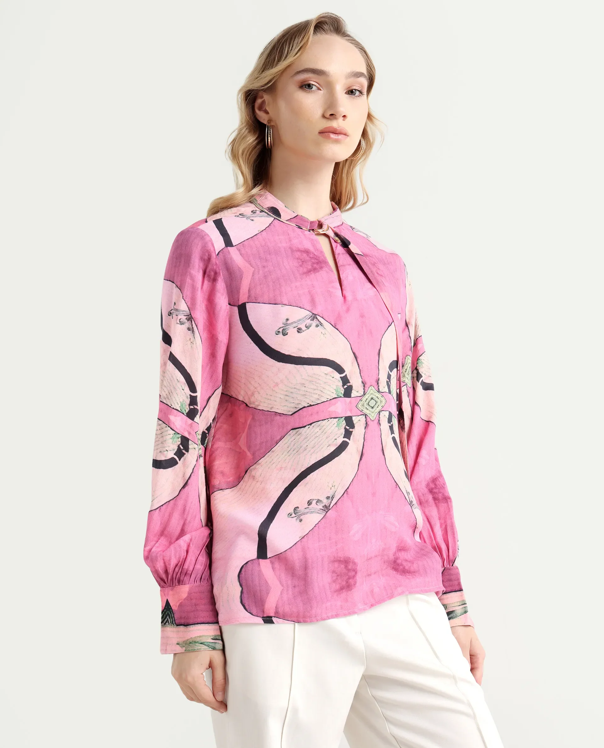 Rareism Women's Timro Light Pink Viscose Blend High Neck Abstract Print Bishop Sleeve Relaxed Fit Top - Image 7