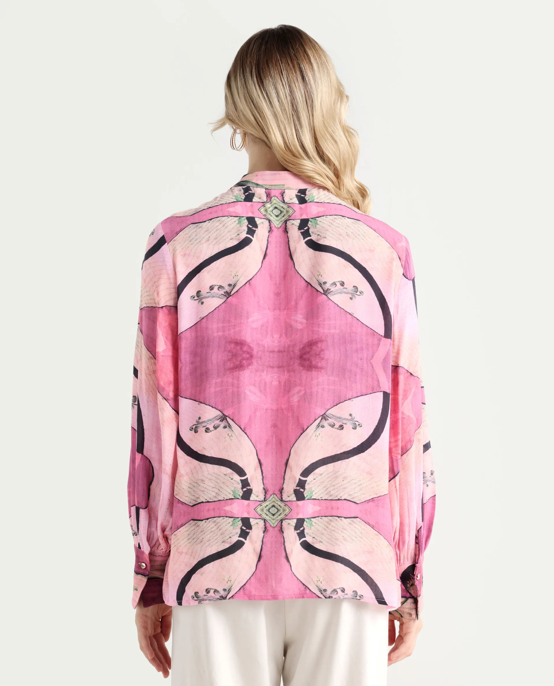 Rareism Women's Timro Light Pink Viscose Blend High Neck Abstract Print Bishop Sleeve Relaxed Fit Top - Image 8