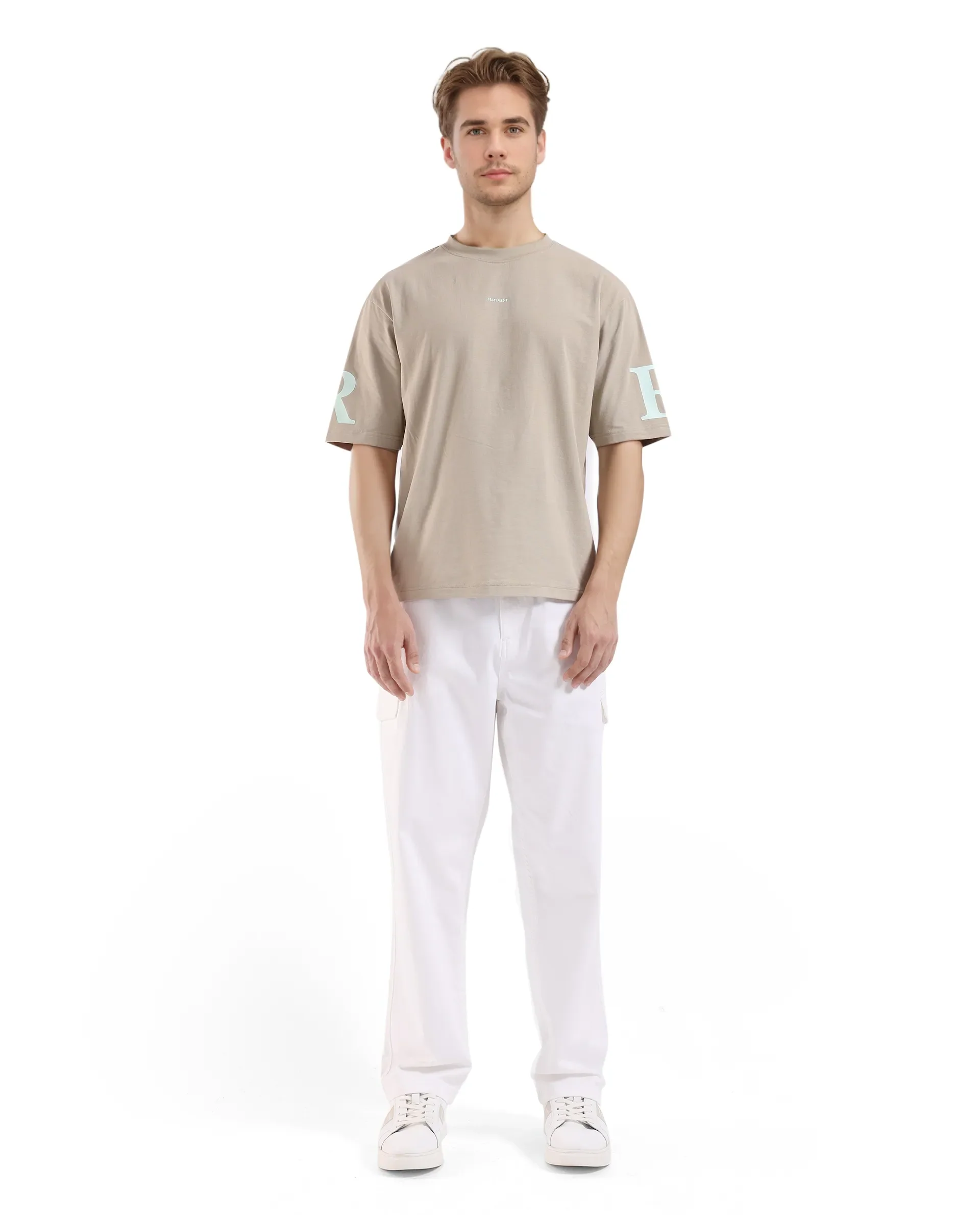 Rare Rabbit Men's Tin Beige Graphic Print Regular Fit Half Sleeve Crew Neck T-Shirt - Image 3