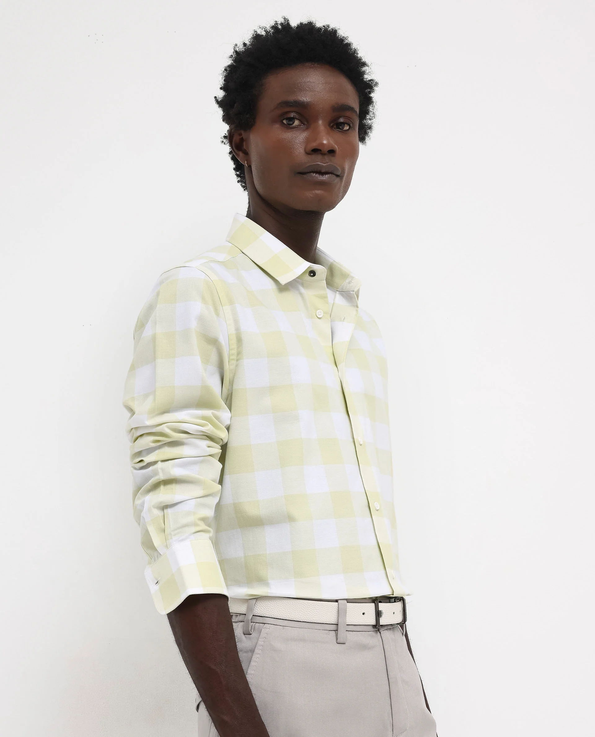 Rare Rabbit Men's Tinker Light Green Cotton Checked Print Regular Fit Full Sleeve Collared Shirt - Image 3