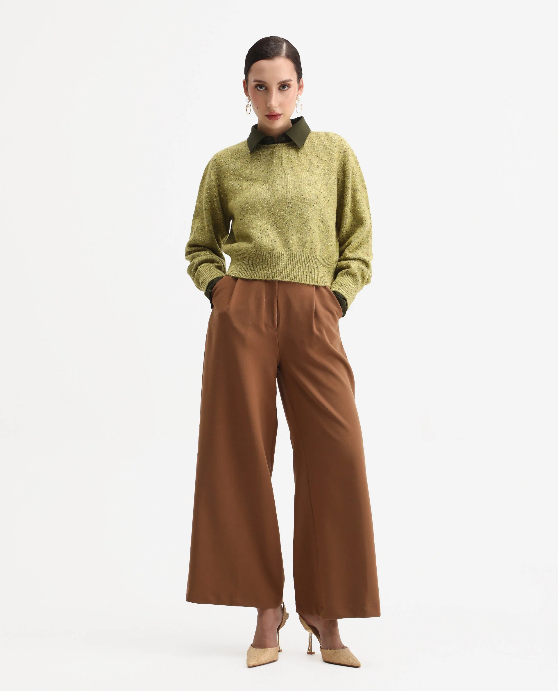Rareism Women's Tinoa Light Olive Acrylic Blend Crew Neck Relaxed Fit Sweater - Image 2