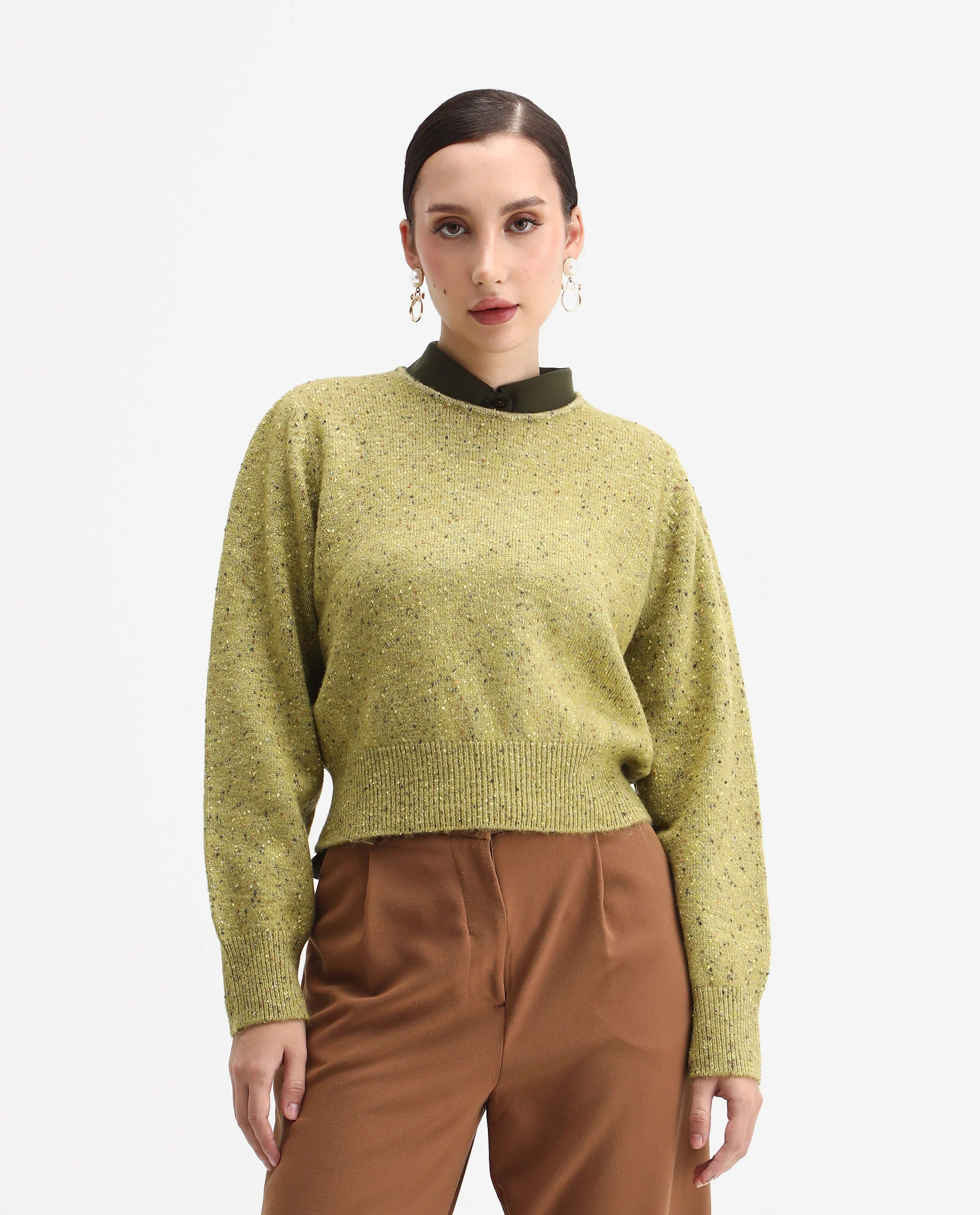 Rareism Women's Tinoa Light Olive Acrylic Blend Crew Neck Relaxed Fit Sweater - Image 3