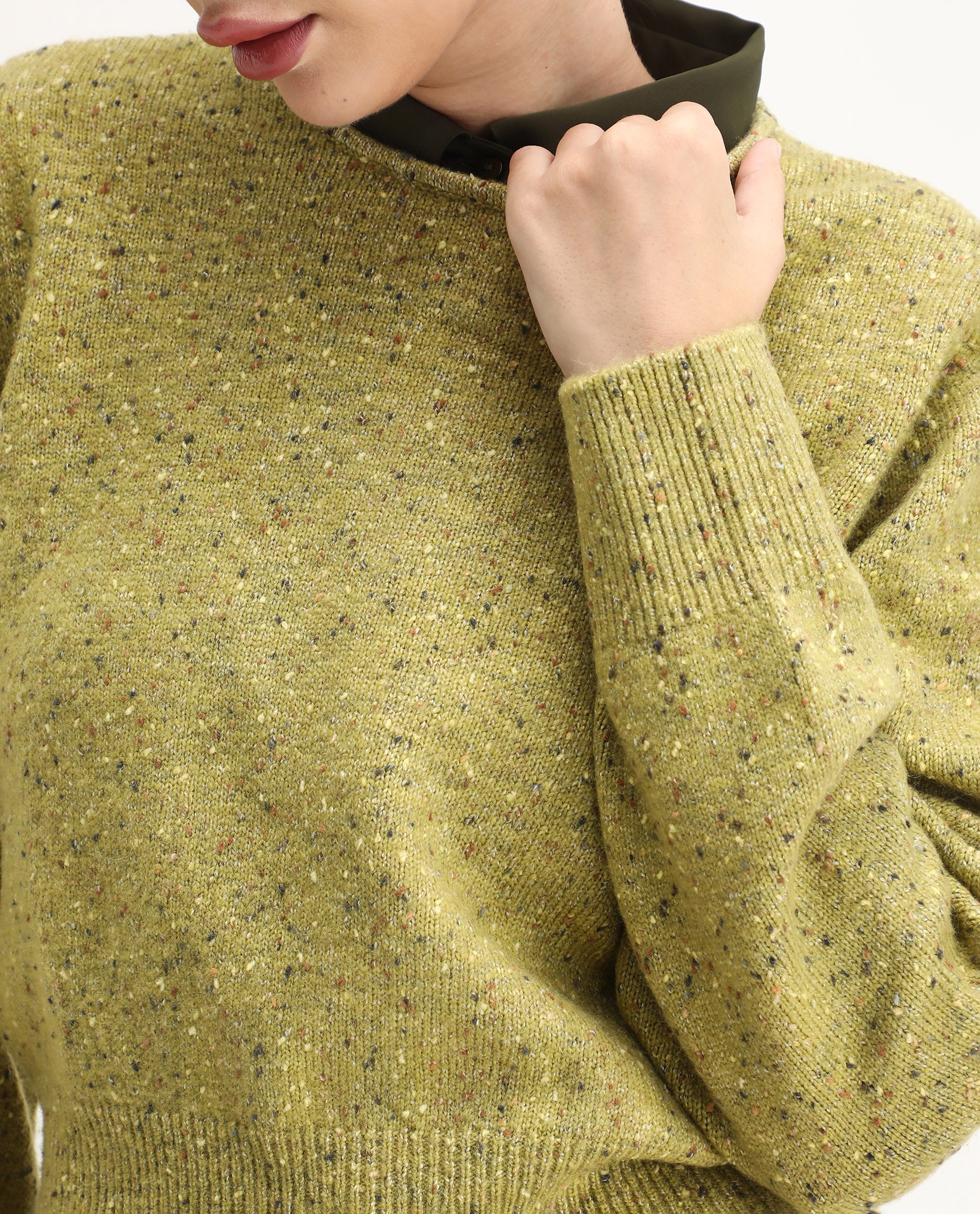Rareism Women's Tinoa Light Olive Acrylic Blend Crew Neck Relaxed Fit Sweater - Image 4