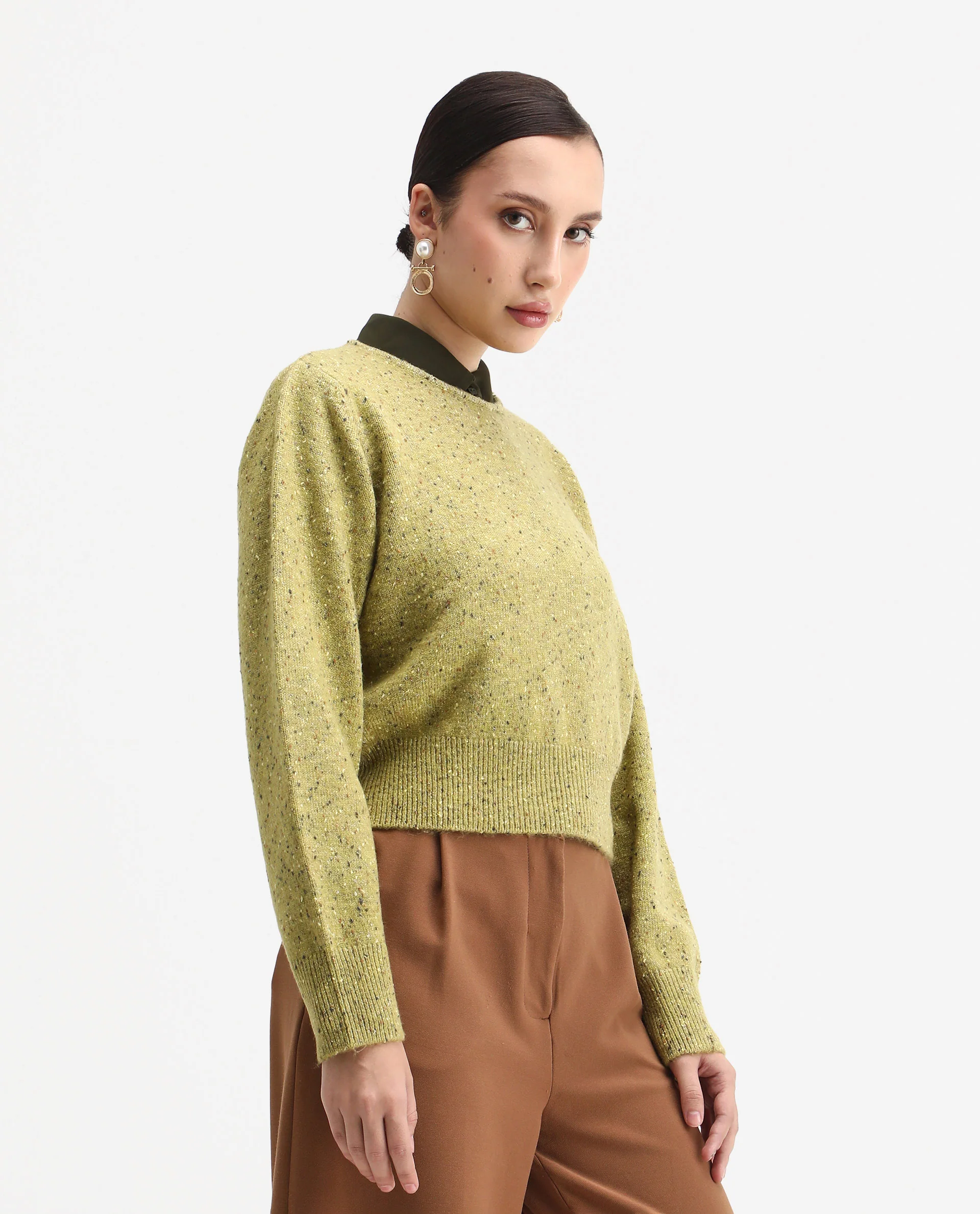 Rareism Women's Tinoa Light Olive Acrylic Blend Crew Neck Relaxed Fit Sweater - Image 5