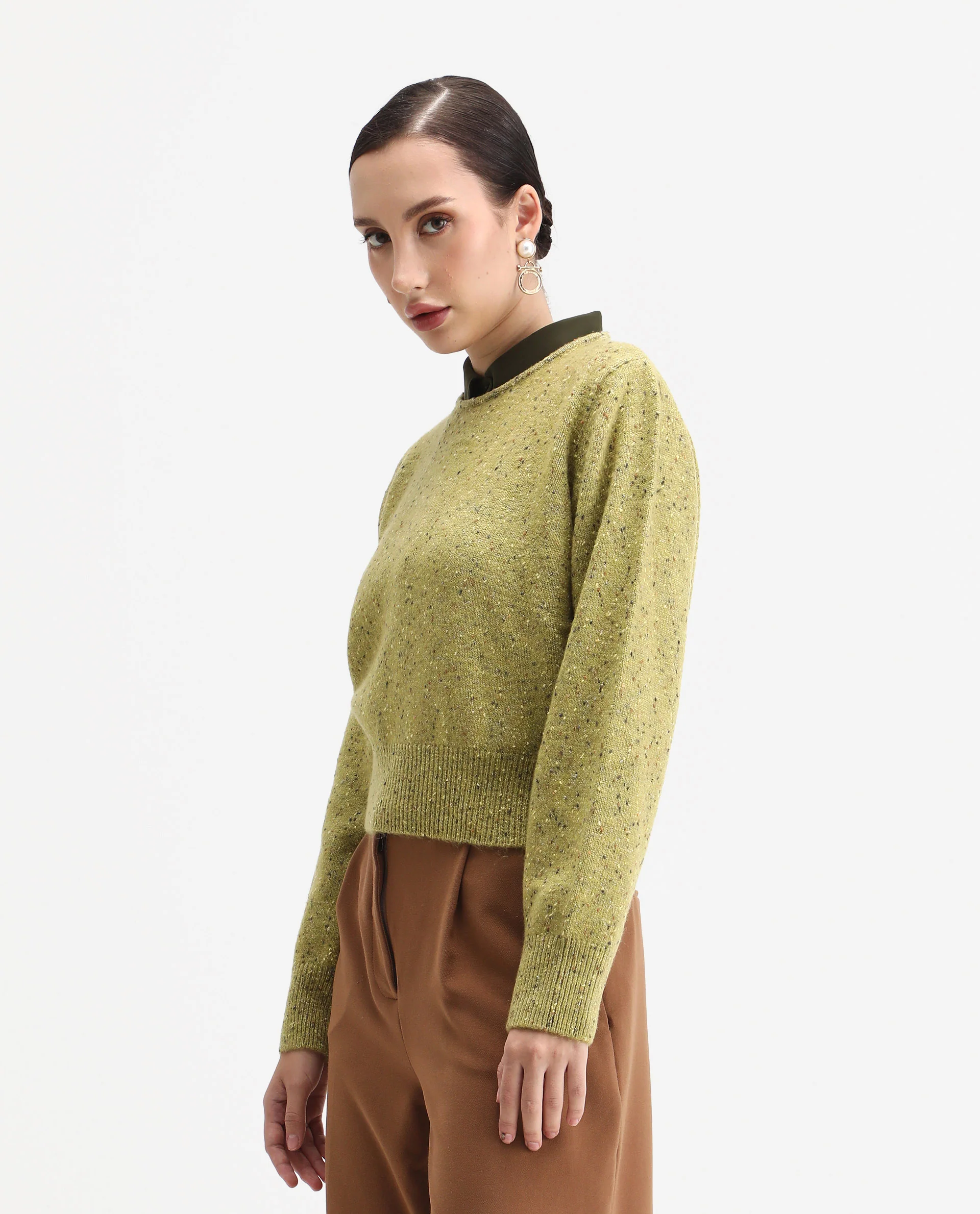 Rareism Women's Tinoa Light Olive Acrylic Blend Crew Neck Relaxed Fit Sweater - Image 6