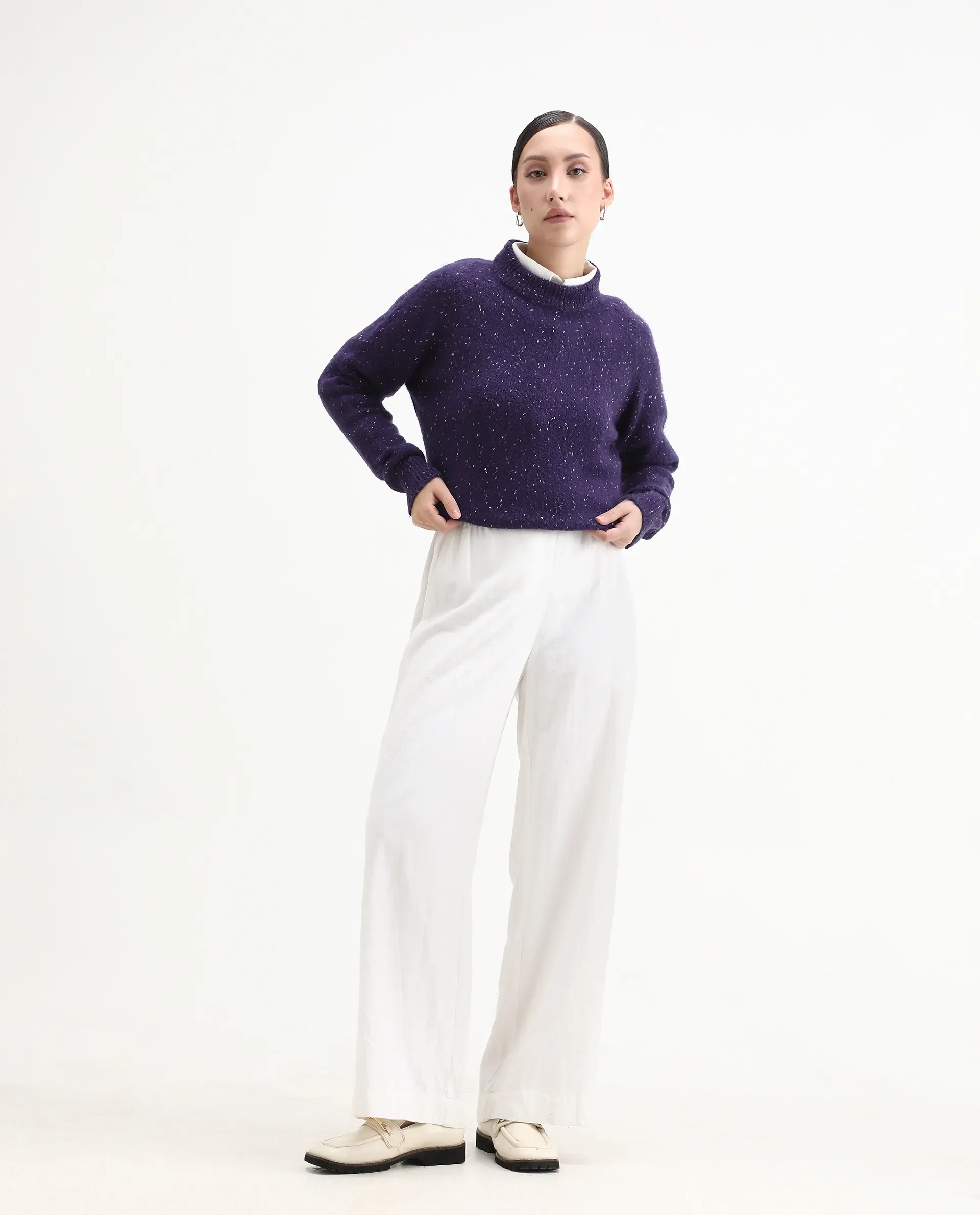 Rareism Women's Tinzol Dark Purple Acrylic Blend Crew Neck Relaxed Fit Sweater - Image 2