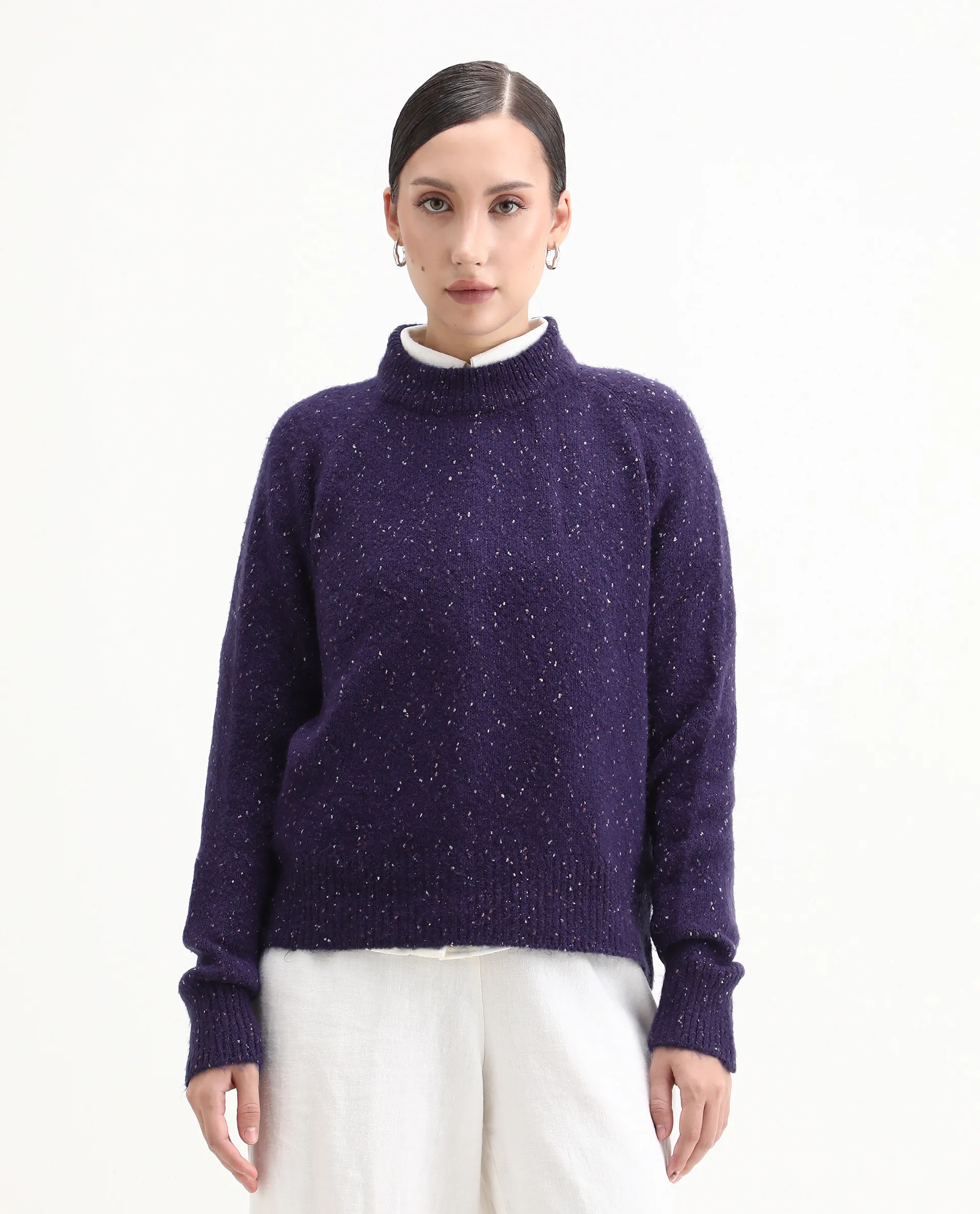 Rareism Women's Tinzol Dark Purple Acrylic Blend Crew Neck Relaxed Fit Sweater - Image 3