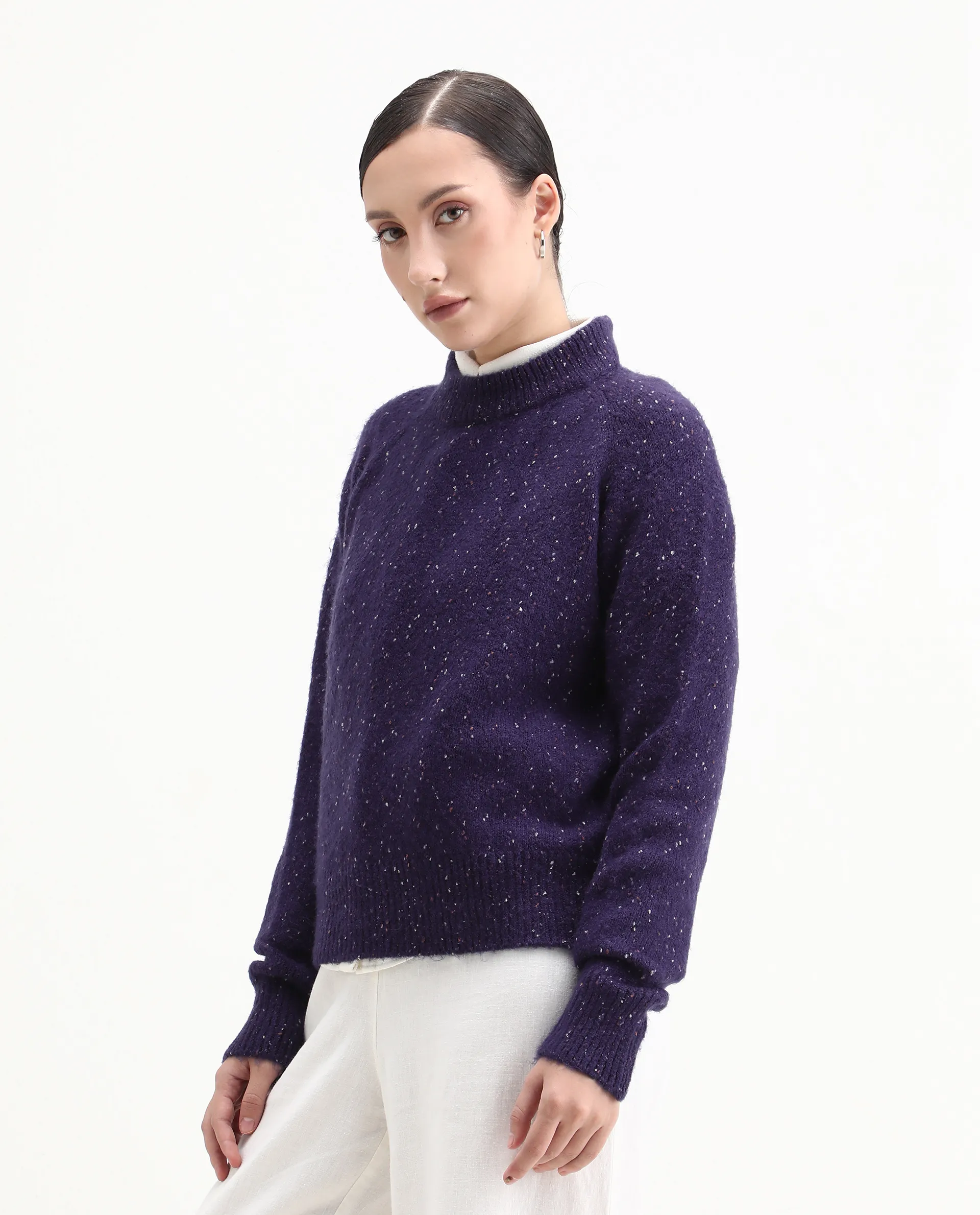 Rareism Women's Tinzol Dark Purple Acrylic Blend Crew Neck Relaxed Fit Sweater - Image 4