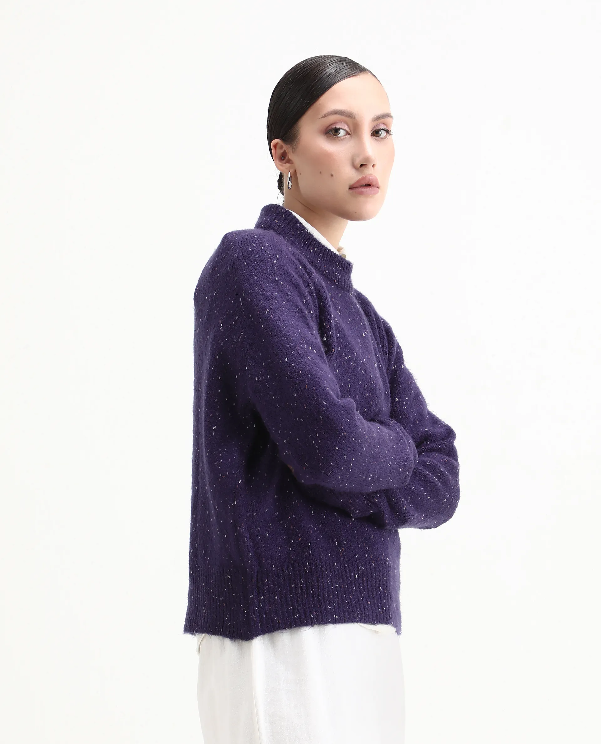 Rareism Women's Tinzol Dark Purple Acrylic Blend Crew Neck Relaxed Fit Sweater - Image 5