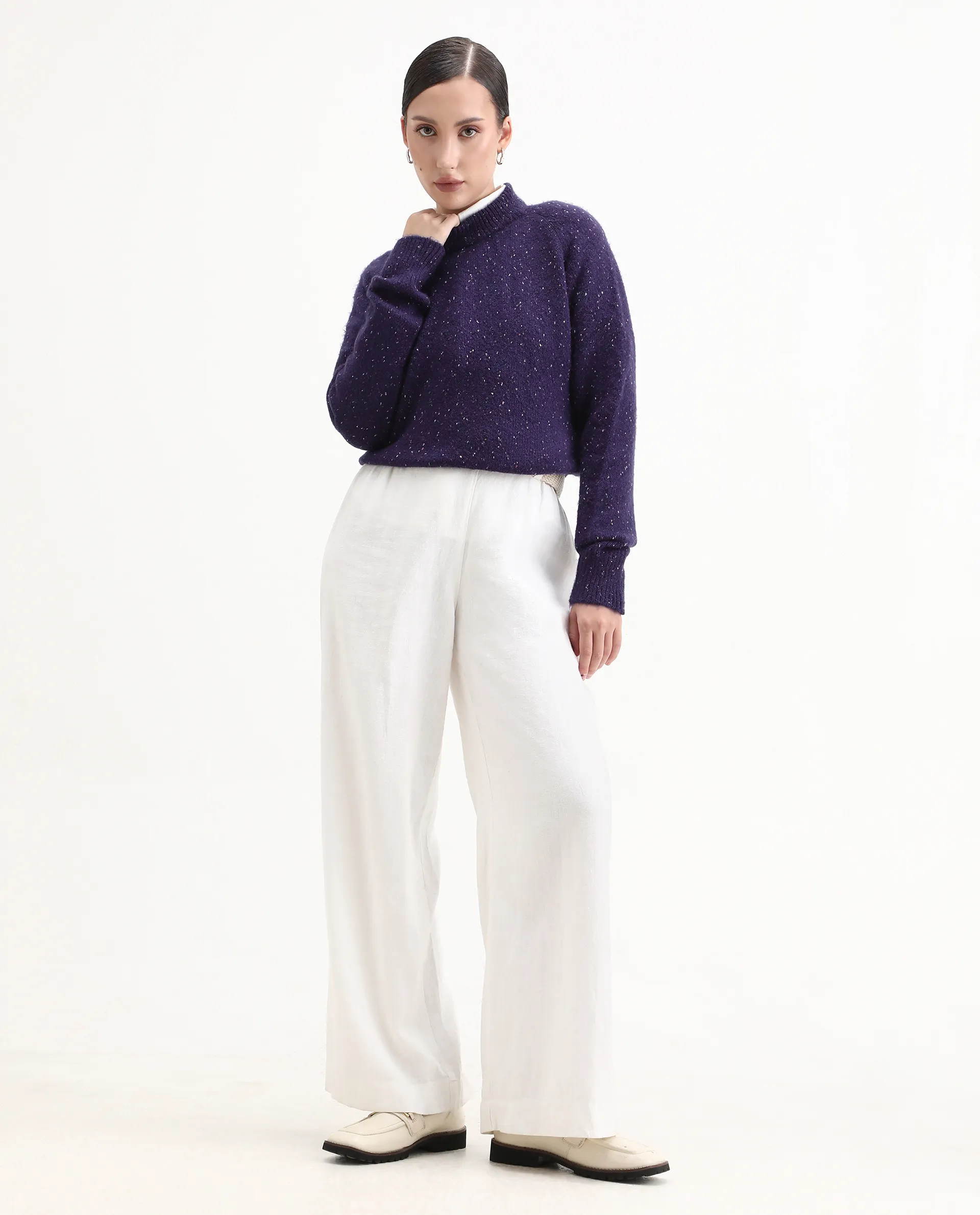 Rareism Women's Tinzol Dark Purple Acrylic Blend Crew Neck Relaxed Fit Sweater - Image 6
